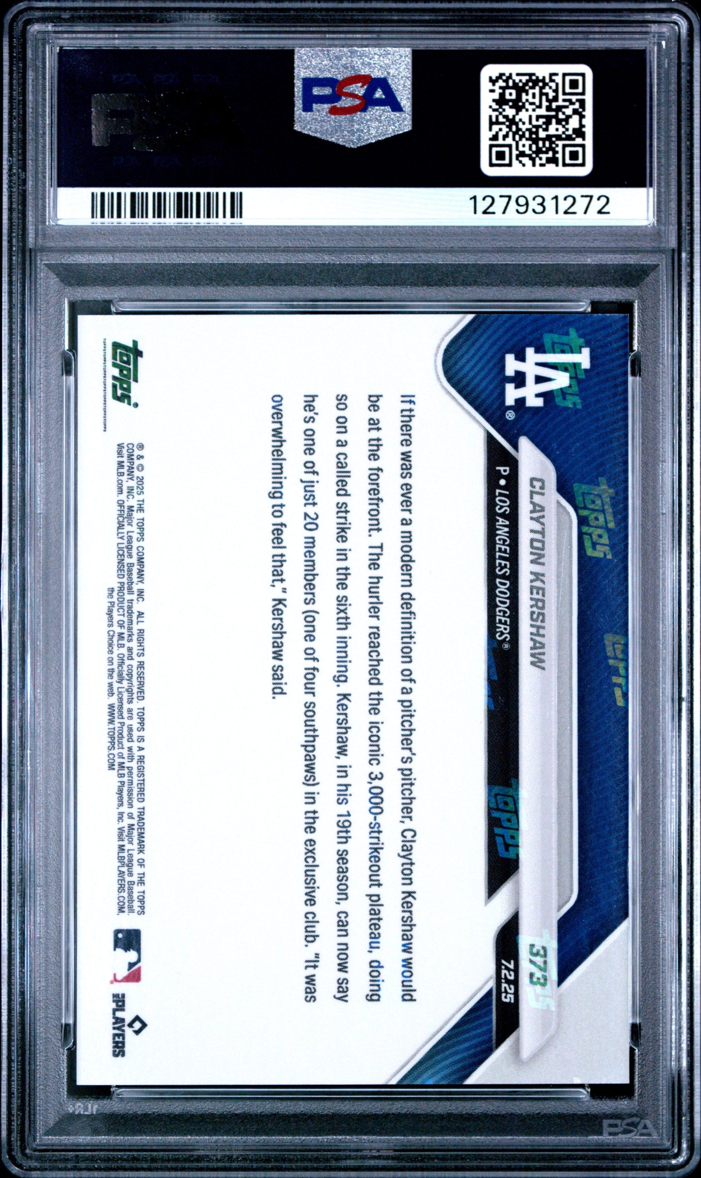 Graded 2025 Topps Now Clayton Kershaw #373 Baseball Card PSA 10 Gem Mint