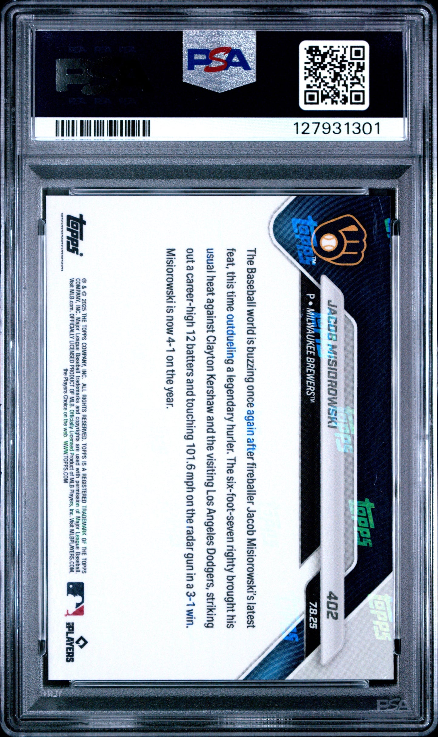 Graded 2025 Topps Now Jacob Misiorowski #402 Rookie RC Baseball Card PSA 10 Gem Mint