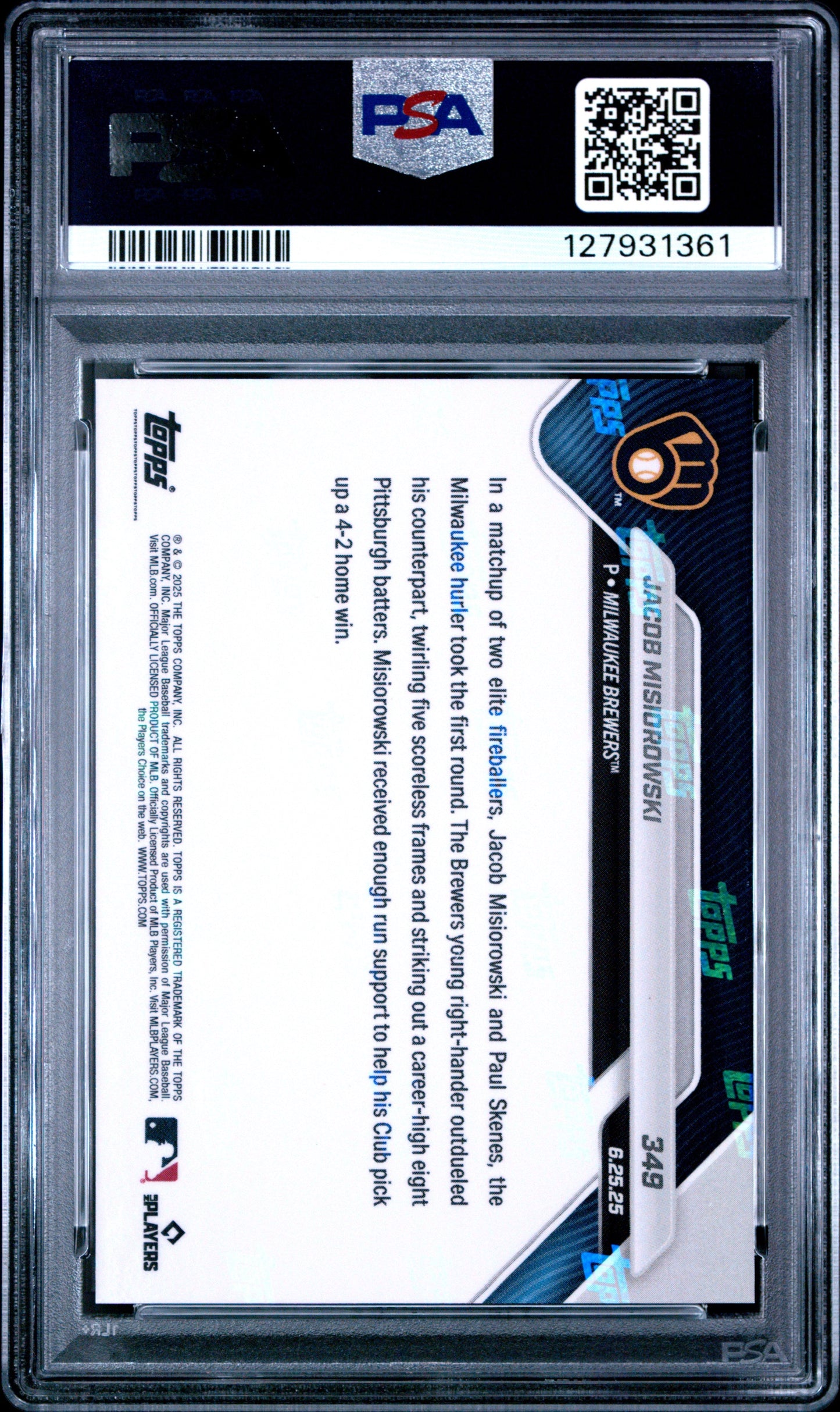 Graded 2025 Topps Now Jacob Misiorowski #349 Rookie RC Baseball Card PSA 10 Gem Mint