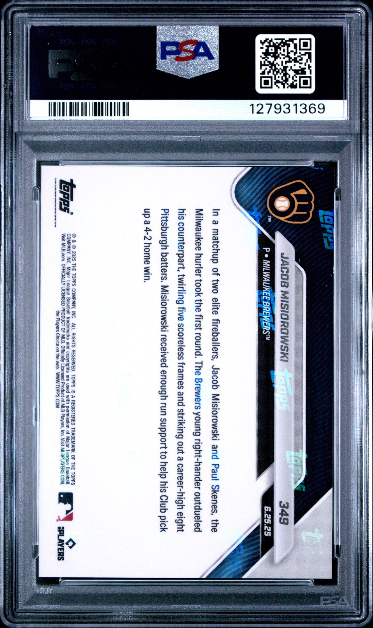 Graded 2025 Topps Now Jacob Misiorowski #349 Rookie RC Baseball Card PSA 9 Mint