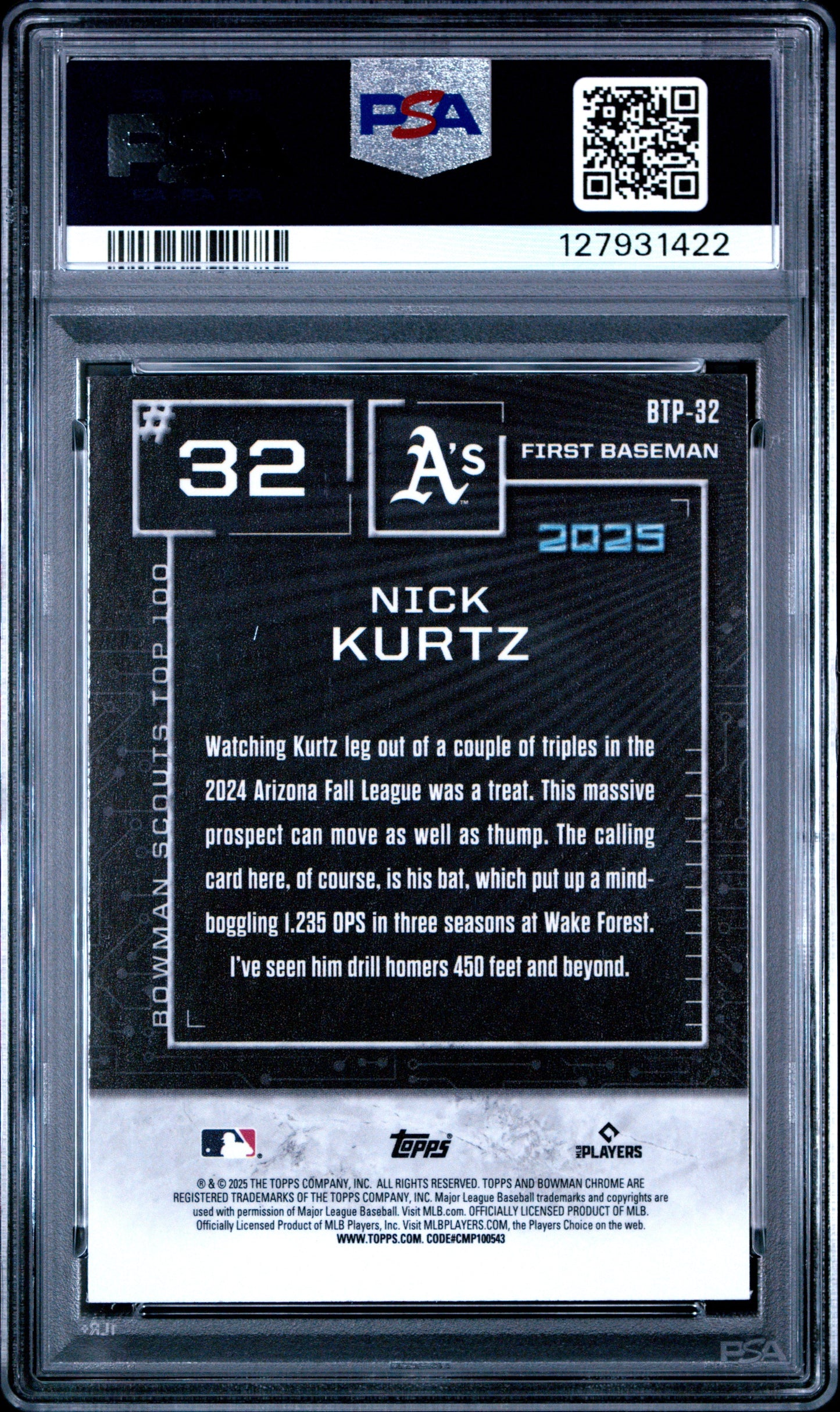 Graded 2025 Topps Bowman Nick Kurtz #BTP32 Bowman Scouts Top 100 Rookie RC Baseball Card PSA 9 Mint - Sport Cards