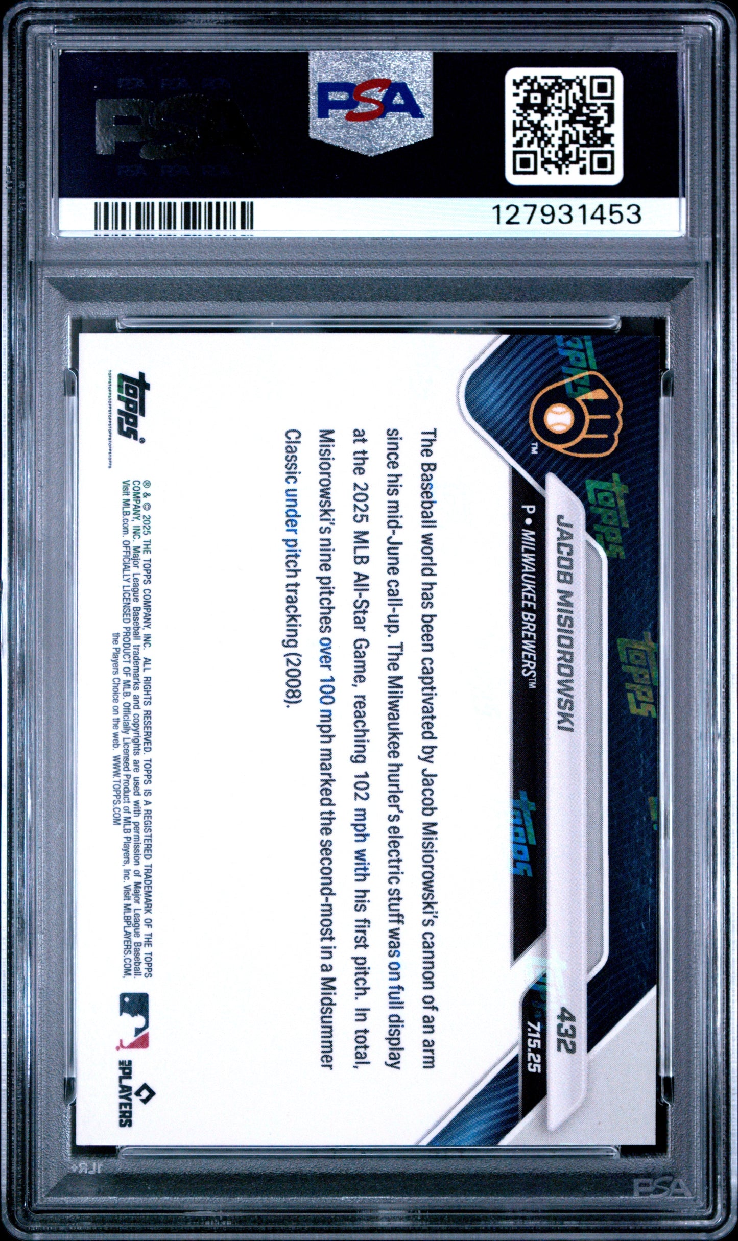 Graded 2025 Topps Now Jacob Misiorowski #432 Rookie RC Baseball Card PSA 9 Mint