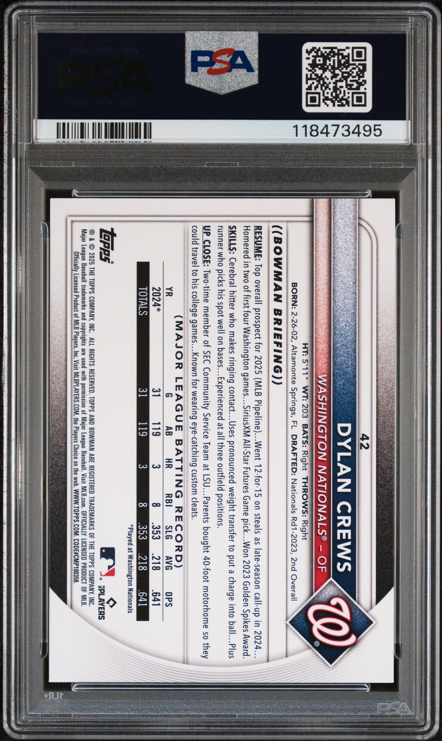 Graded 2025 Topps Bowman Dylan Crews #42 Rookie RC Baseball Card PSA 10 Gem Mint