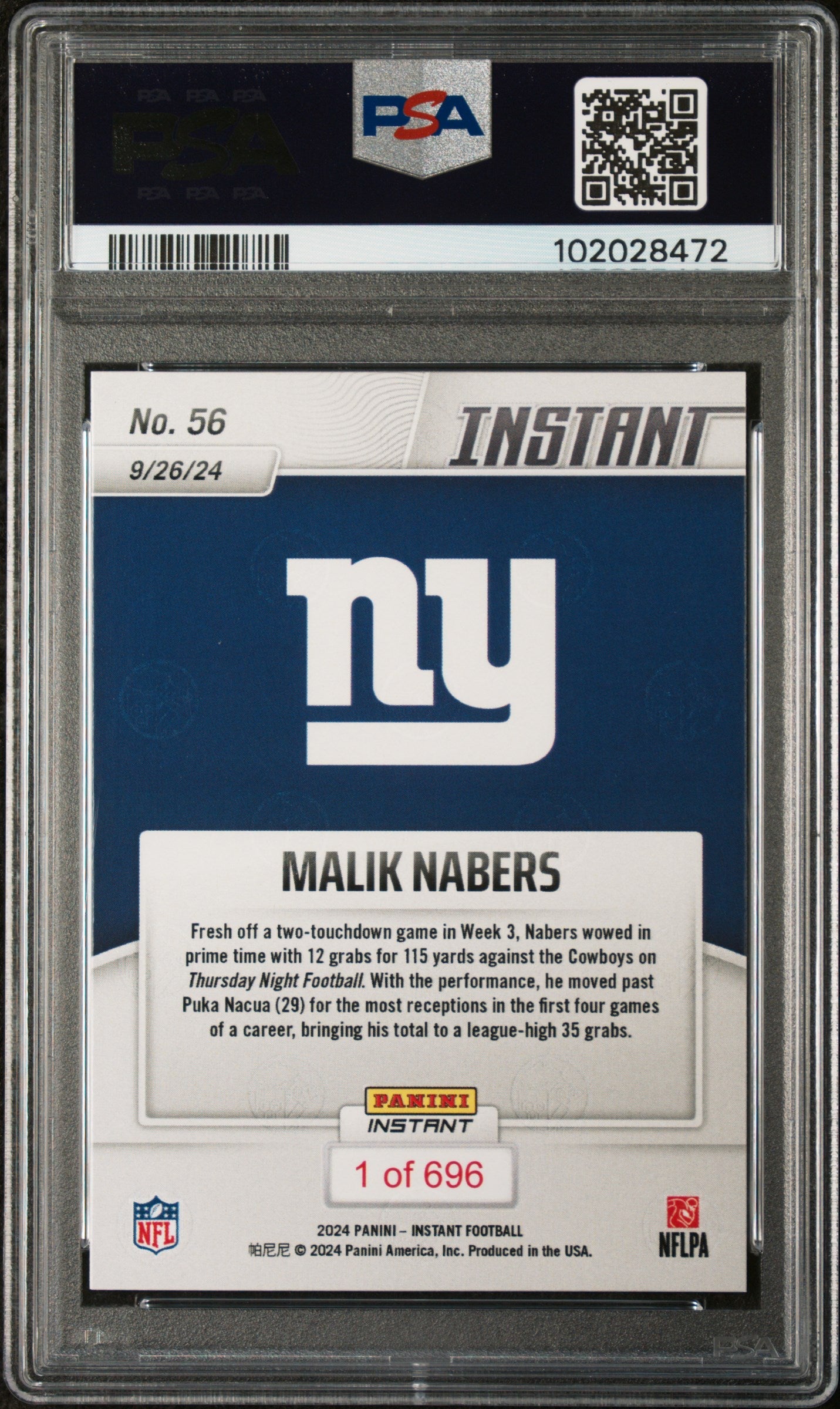 Graded 2024 Panini Instant NFL Malik Nabers #56 Rookie RC Football Card PSA 10 Gem Mint