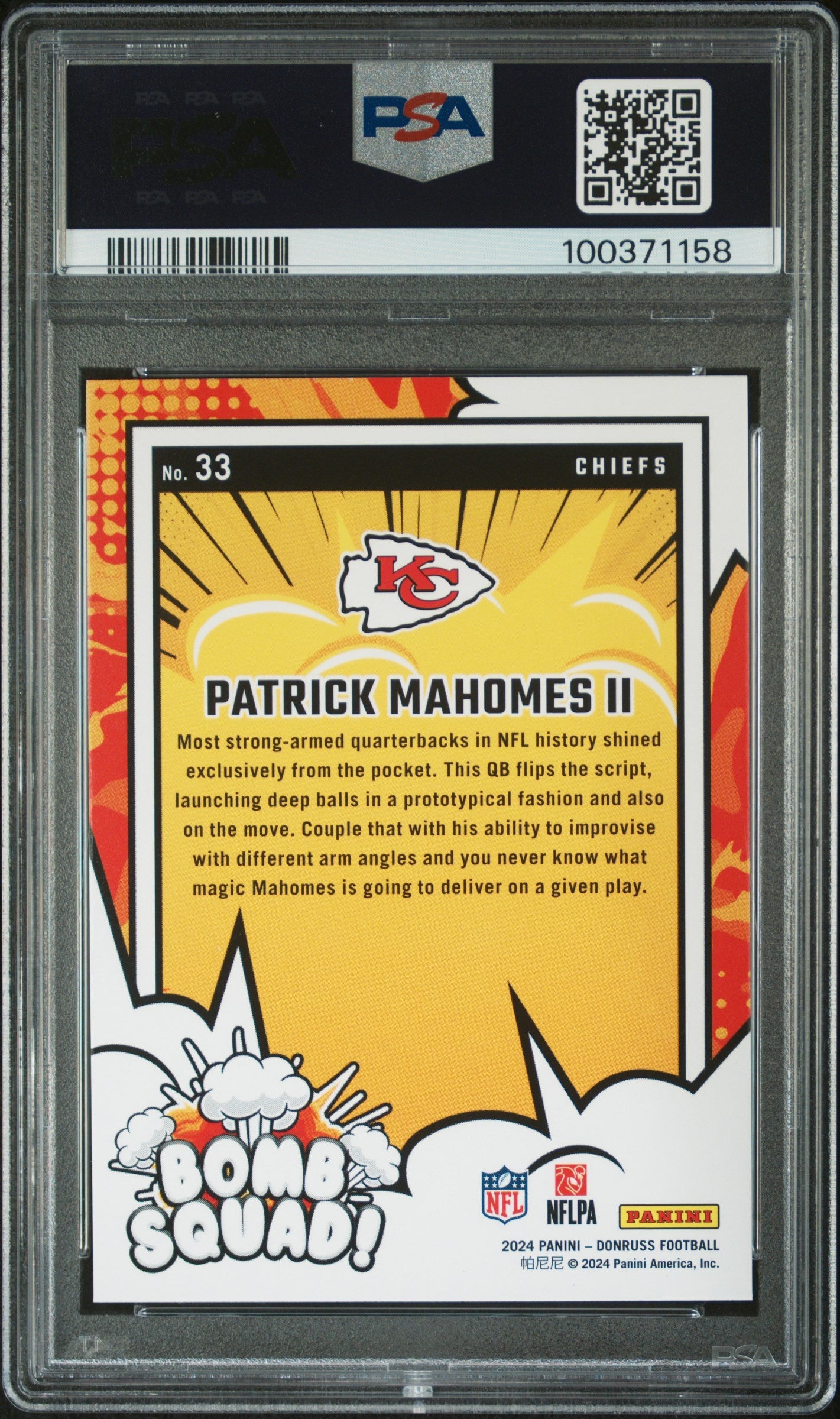 Graded 2024 Panini Donruss Patrick Mahomes II #33 Bomb Squad Football Card PSA 10 Gem Mint