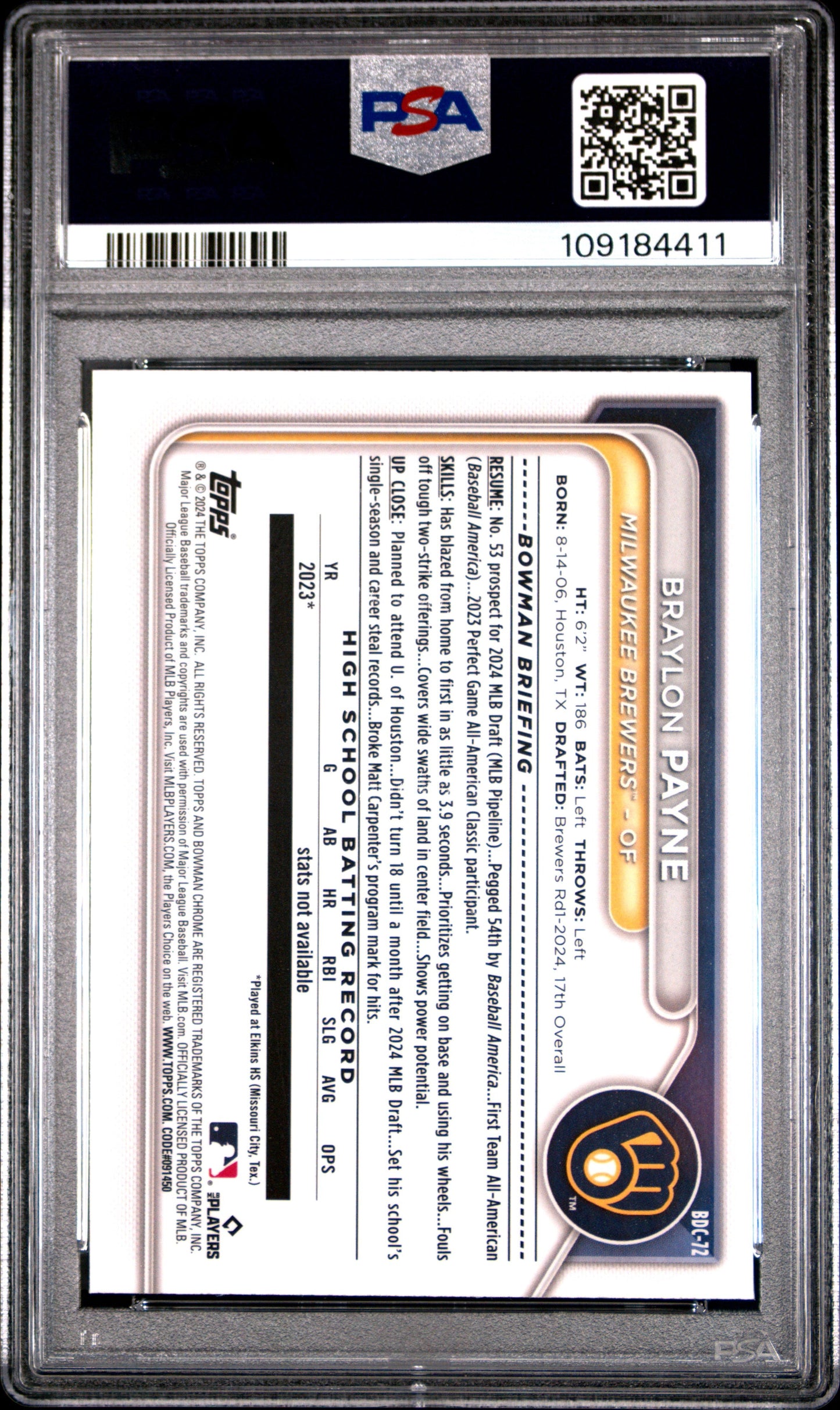 Graded 2024 Topps Bowman Sapphire Edition Braylon Payne #BDC72 Rookie RC Baseball Card PSA 10 Gem Mint - Sport Cards