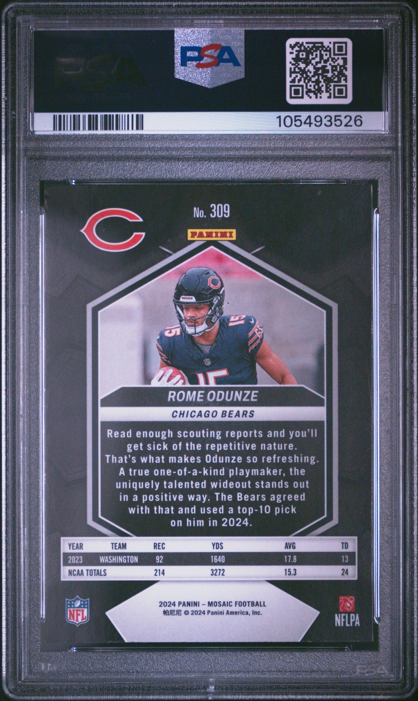 Graded 2024 Panini Mosaic Rome Odunze #309 Rookie RC Football Card PSA 10 Gem Mint - Sport Cards