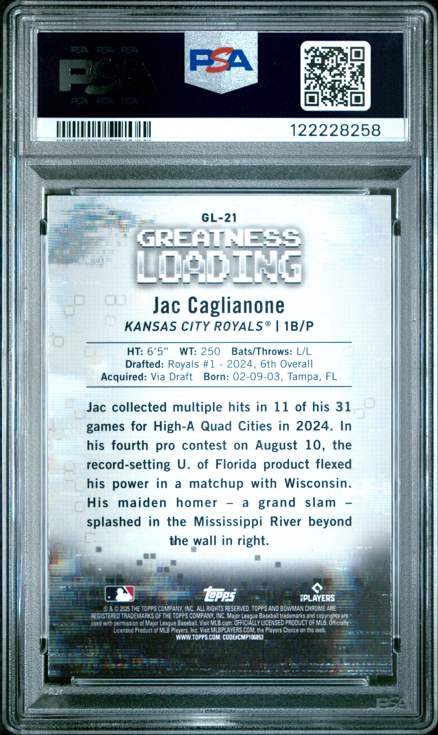 Graded 2025 Topps Bowman Jac Caglianone #GL21 Greatness Loading Rookie RC Baseball Card PSA 9 Mint