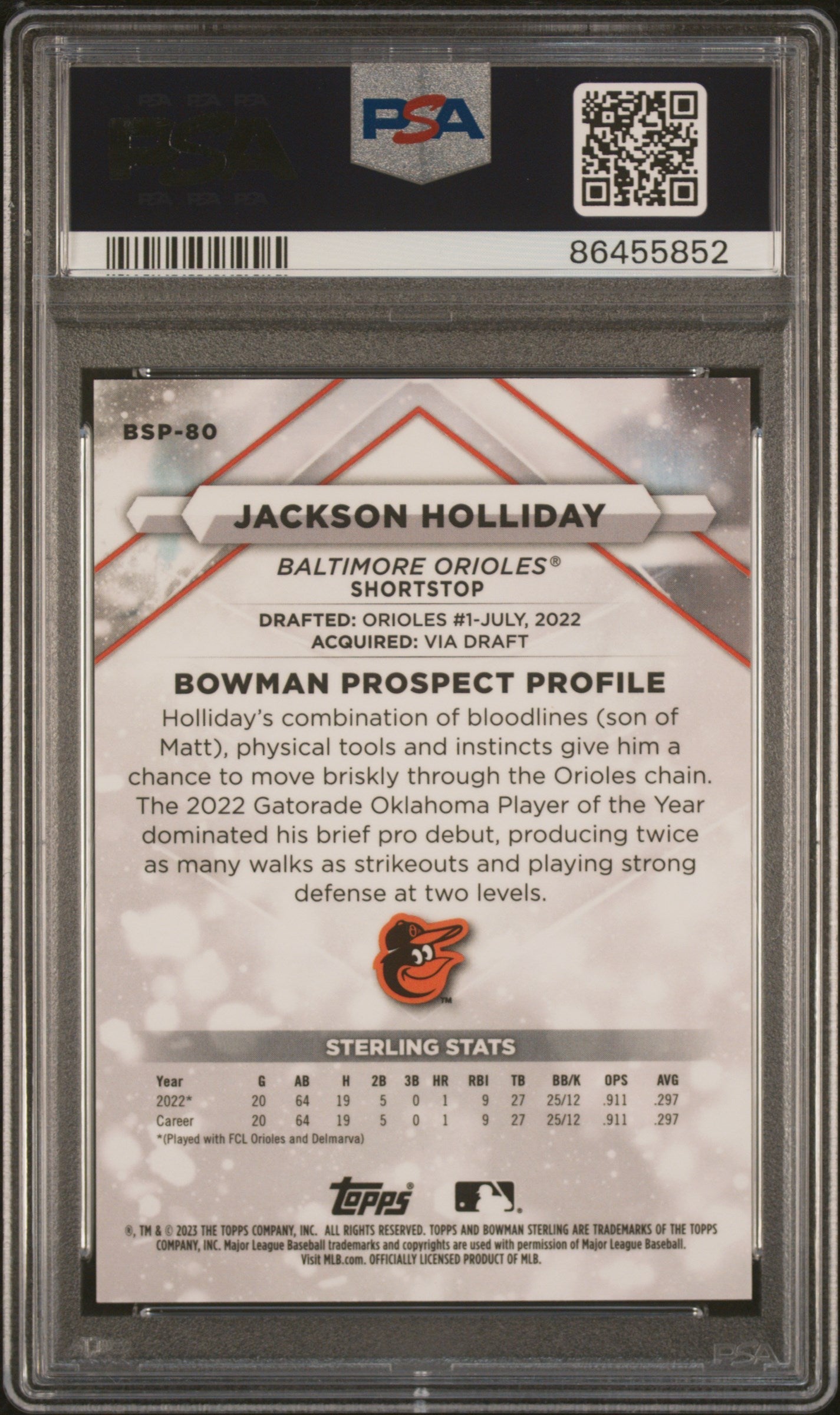 Graded 2023 Topps Bowman Sterling Jackson Holliday #BSP80 Gold /50 Rookie RC Baseball Card PSA 10 Gem Mint