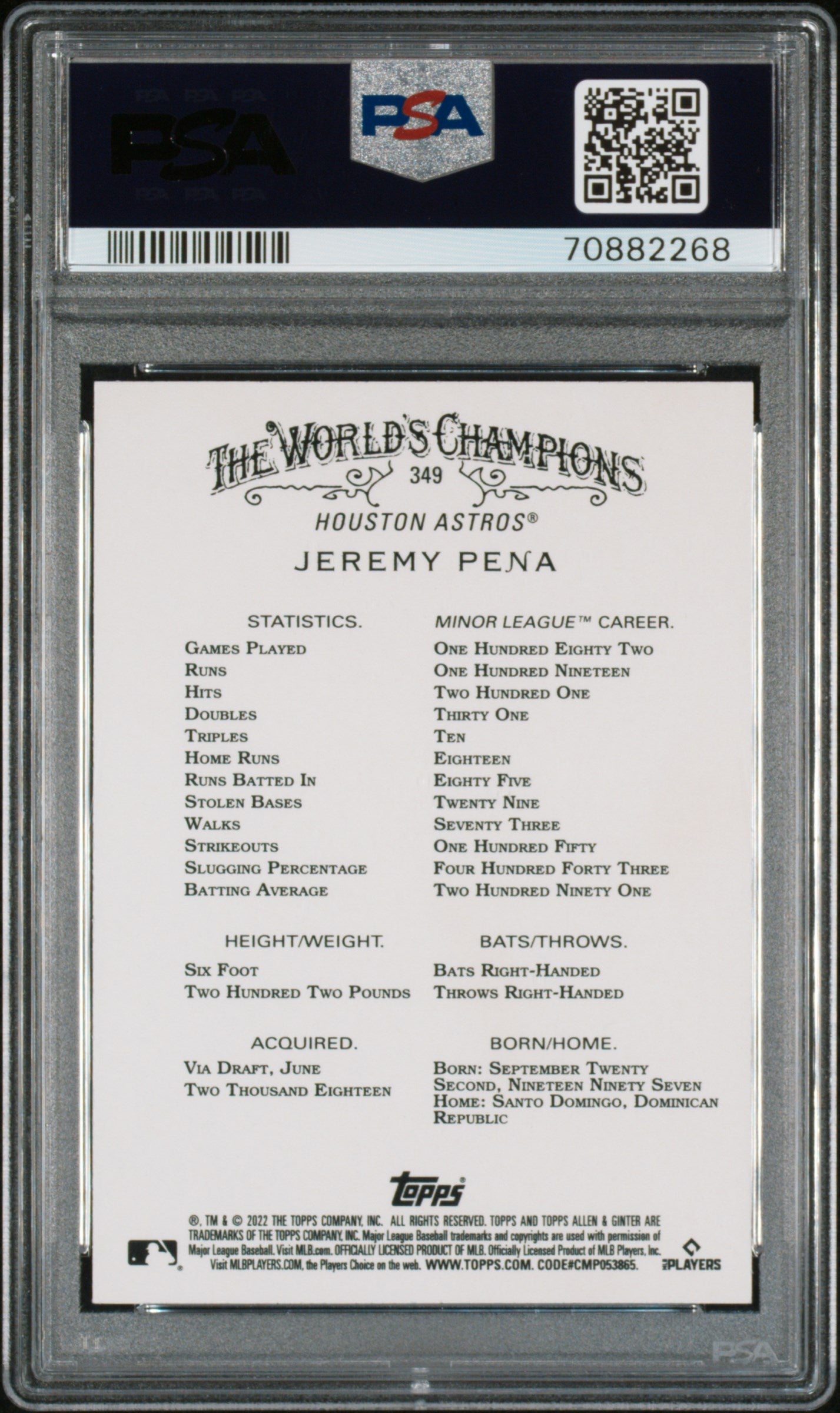 Graded 2022 Topps Allen & Ginter Jeremy Pena #349 Silver Portrait Rookie RC Baseball Card PSA 10 Gem Mint