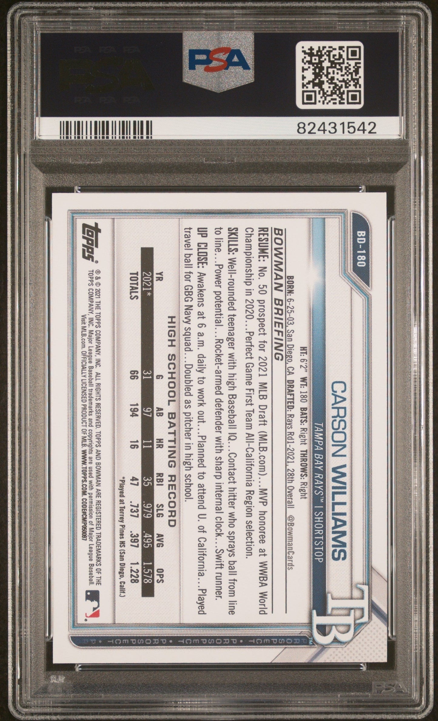 Graded 2021 Topps Bowman Draft Carson Williams #BD180 1st Edition Rookie RC Baseball Card PSA 10 Gem Mint