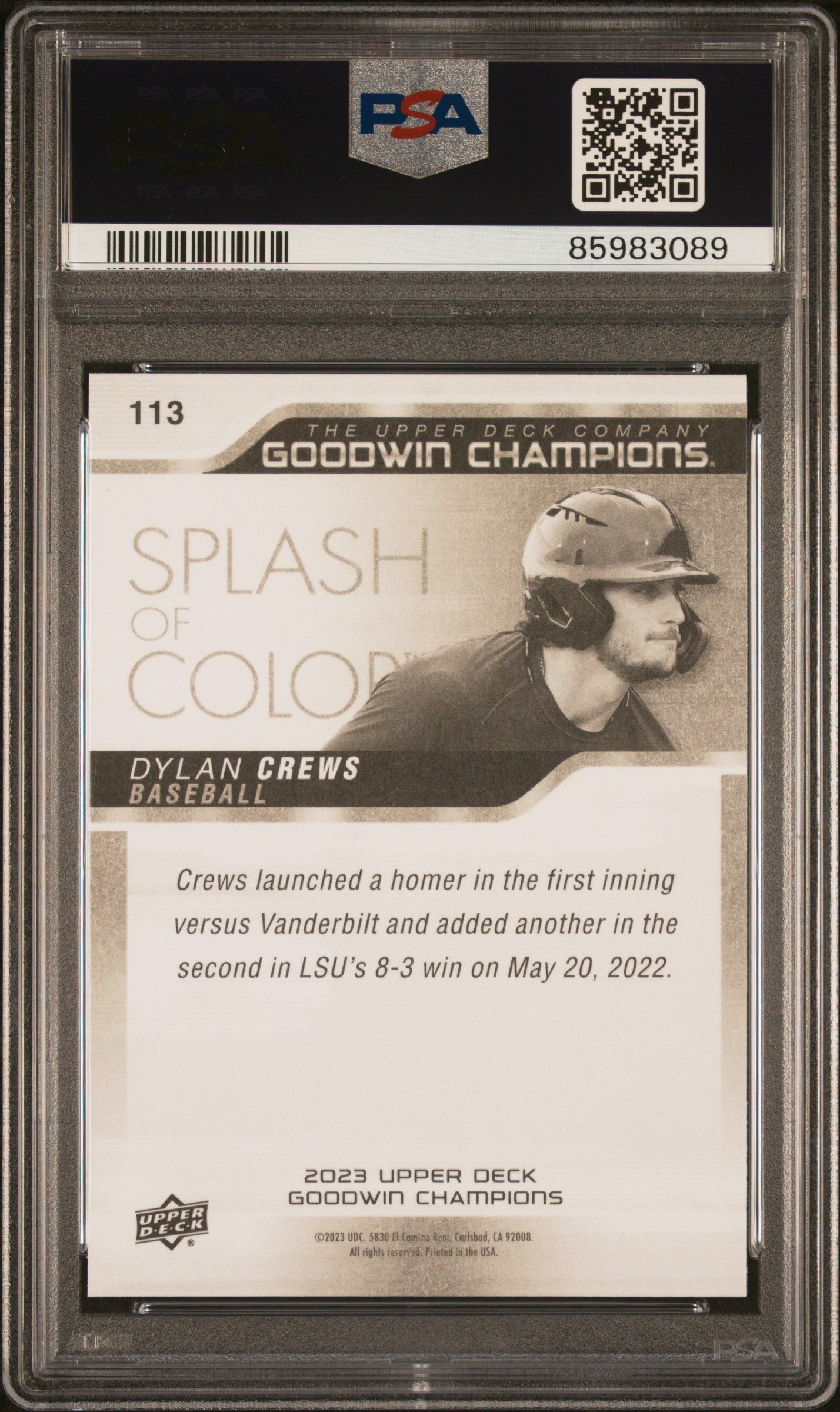 Graded 2023 Upper Deck Goodwin Champions Dylan Crews #113 Rookie RC Baseball Card PSA 10 Gem Mint