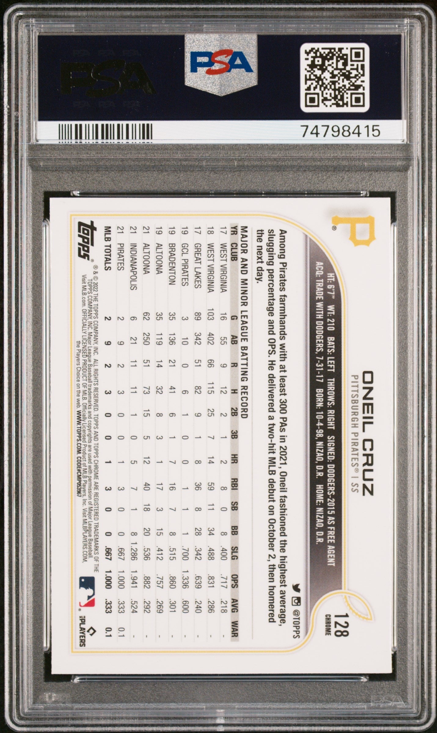 Graded 2022 Topps Chrome Sonic Oneil Cruz #128 Rookie RC Baseball Card PSA 10 Gem Mint