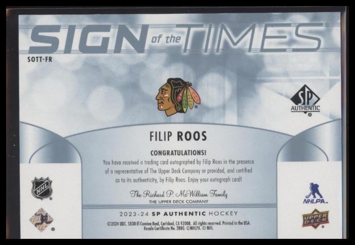 2023-24 SP Authentic #SOTT-FR Filip Roos Sign of the Times
