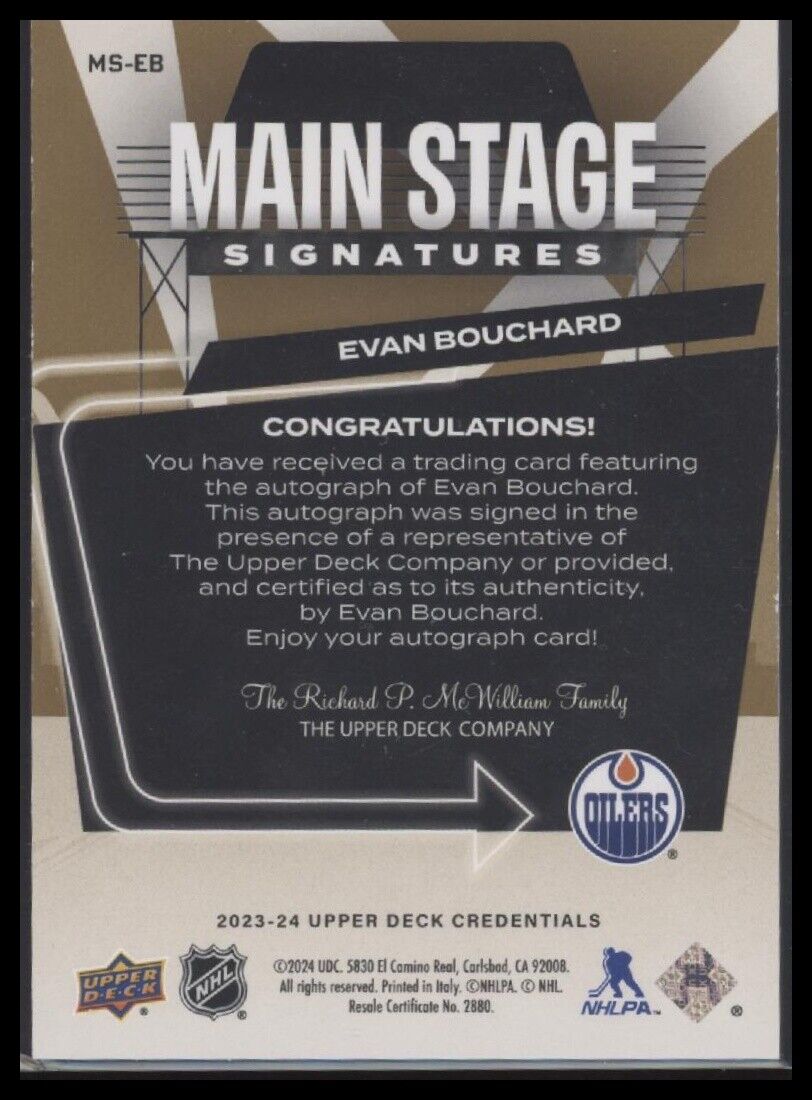 2023-24 U.D. Credentials #MS-EB Evan Bouchard Main Stage Signatures Gold #/25 - Sport Cards