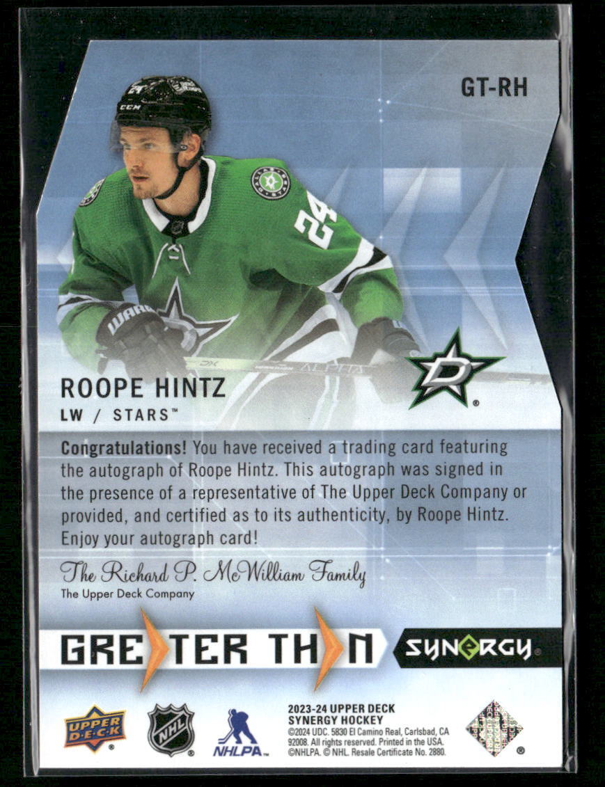 2023-24 Upper Deck Synergy #GT-RH Roope Hintz Greater Than Signatures