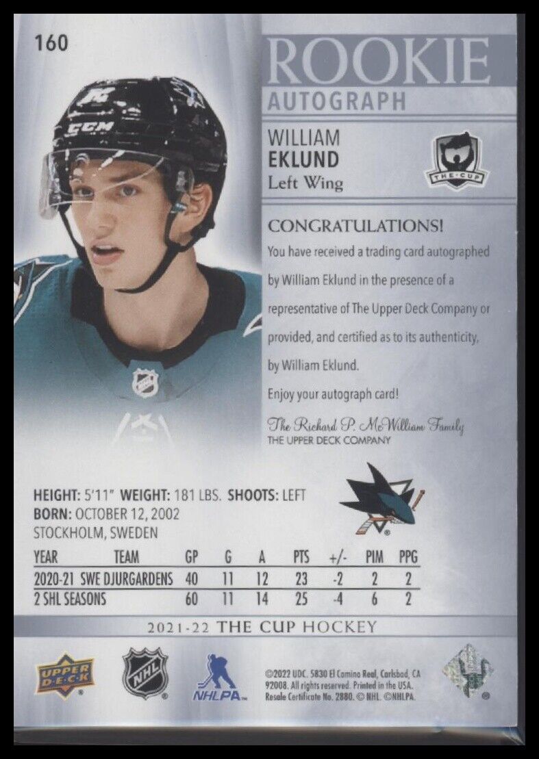 2021-22 Upper Deck The Cup #160 William Eklund #/249 - Sport Cards