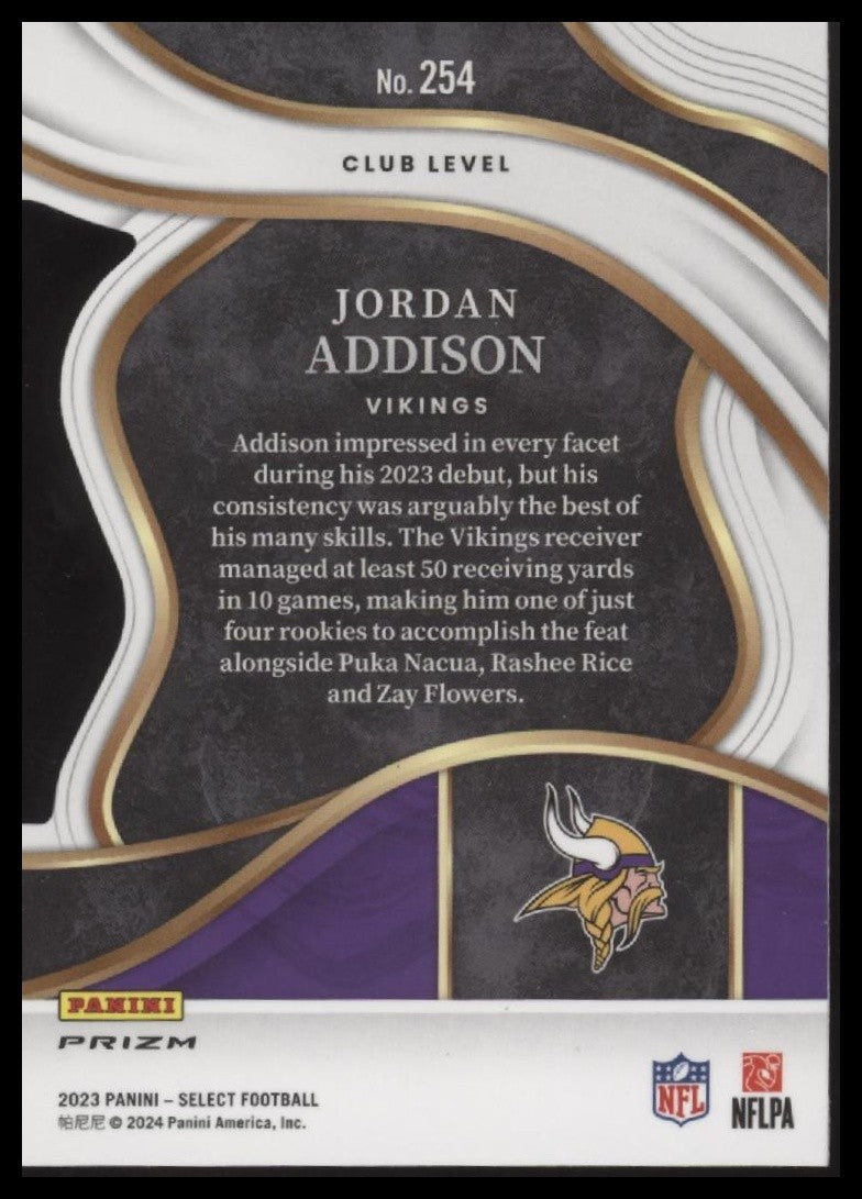Jordan Addison 2023 Panini Select #254 Red and Blue Prizms Die Cuts
