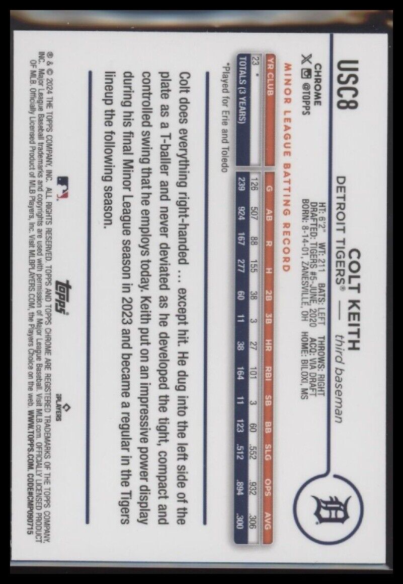 2024 Topps Chrome Update #USC8 Colt Keith Purple Refractors #/250