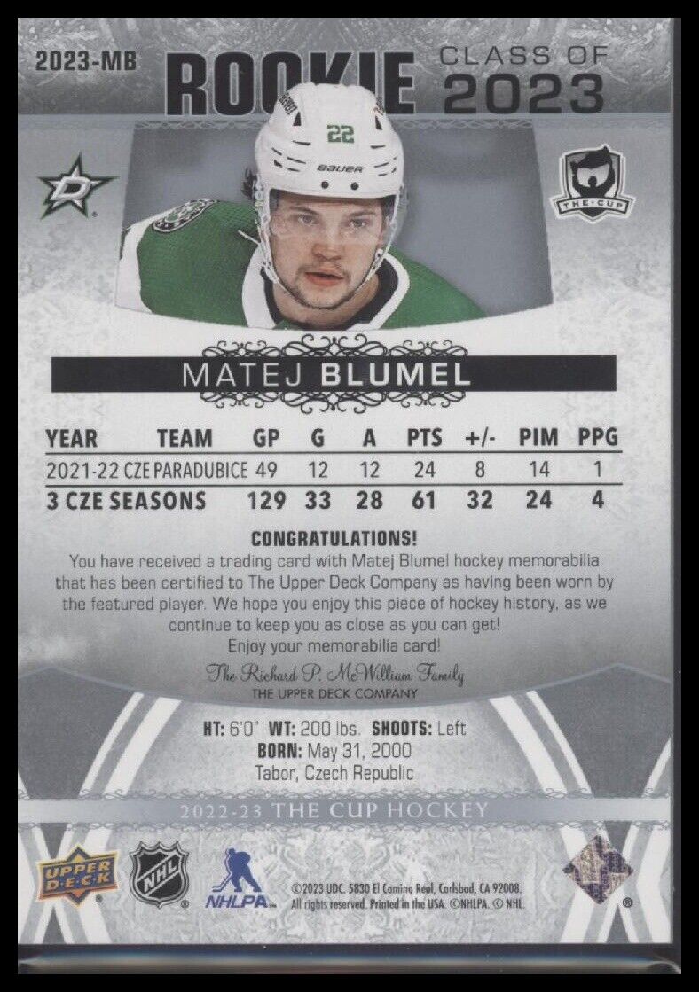 2022-23 Upper Deck The Cup #2023-MB Matej Blumel Rookie Class of 2023 Patch #/49