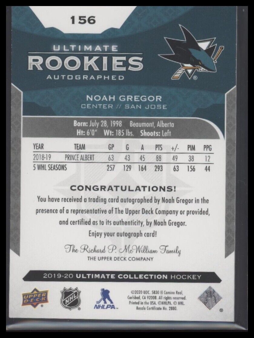 2019-20 Upper Deck Ultimate Collection #156 Noah Gregor #/299 - Sport Cards