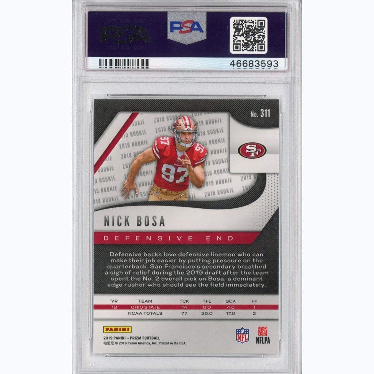 Graded 2019 Panini Prizm Nick Bosa #311 Rookie RC Football Card PSA 10 Gem Mint - Sport Cards