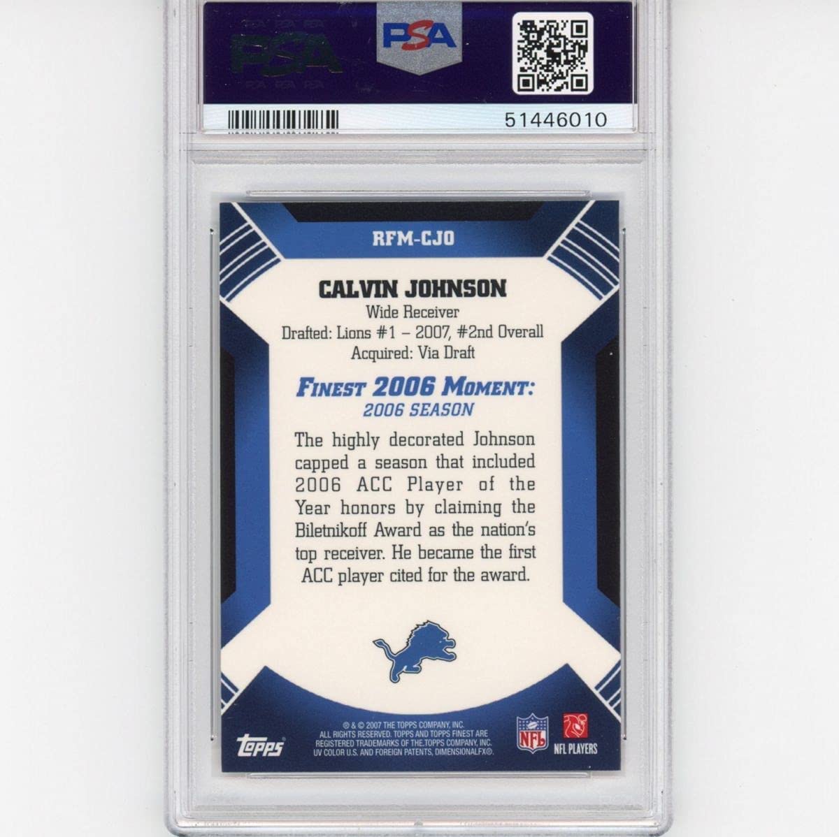 Graded 2007 Topps Finest Calvin Johnson #CJO Moments Rookie RC Football Card PSA 10 Gem Mint