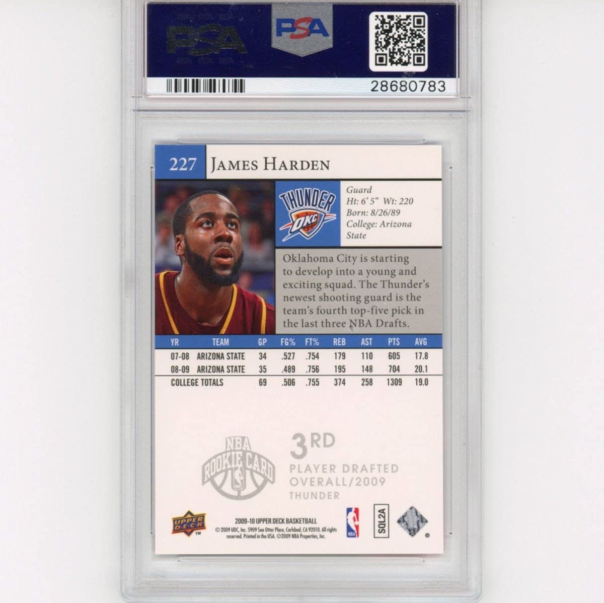 Graded 2009-10 Upper Deck UD James Harden #227 Rookie RC Basketball Card PSA 10 Gem Mint