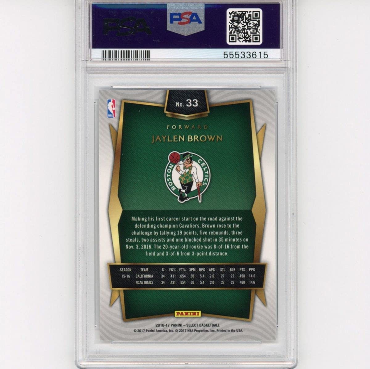 Graded 2016-17 Panini Select Jaylen Brown #33 Rookie RC Basketball Card PSA 10 Gem Mint