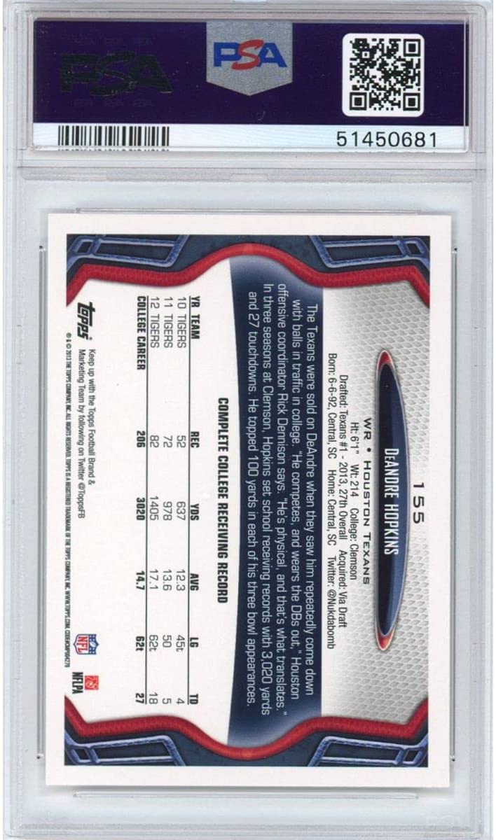 Graded 2013 Topps DeAndre Hopkins #155 Ball In Right Hand Rookie RC Football Card PSA 10 Gem Mint