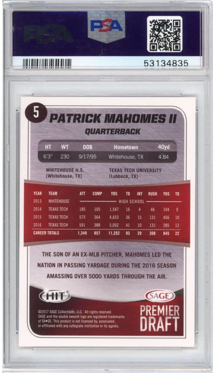 Graded 2017 Sage SA-GE Hit Premier Draft Patrick Mahomes II #5 Rookie RC Football Card PSA 10 Gem Mint