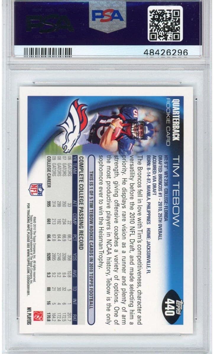 Graded 2010 Topps Tim Tebow #440 Leaping Rookie RC Football Card PSA 10 Gem Mint