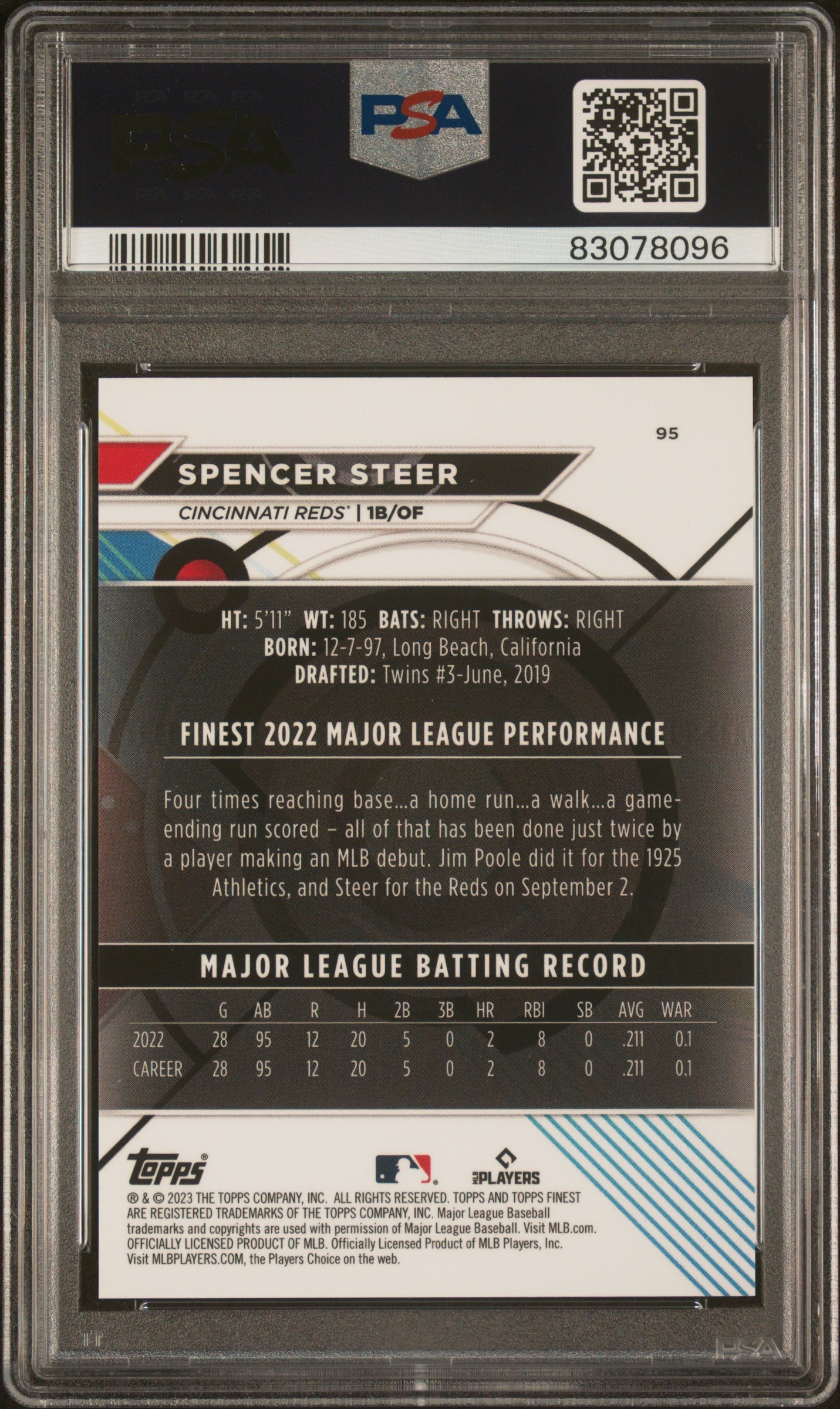 Graded 2023 Topps Finest Spencer Steer #95 Green Lava #/99 Rookie RC Baseball Card PSA 10 Gem Mint