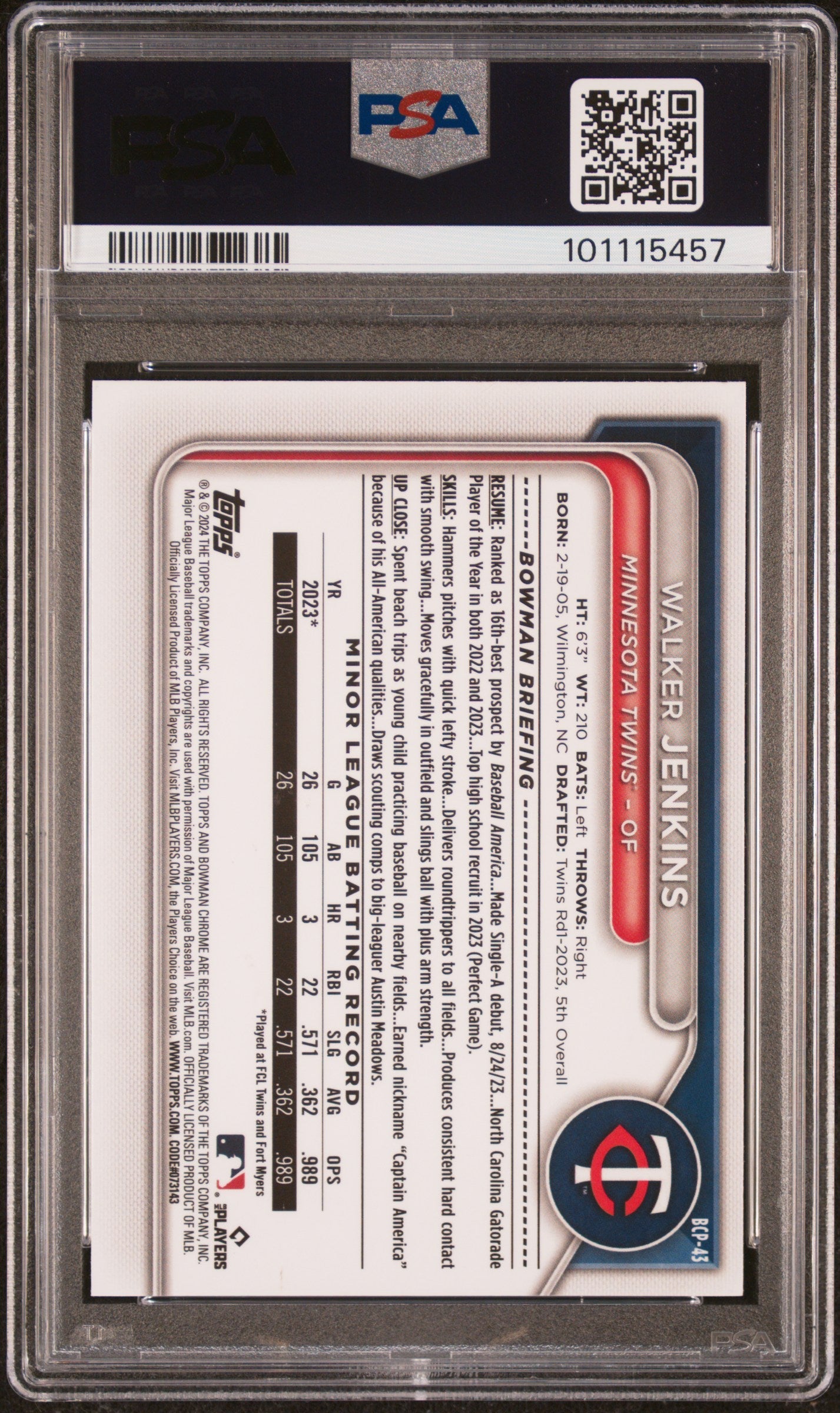 Graded 2024 Topps Bowman Walker Jenkins #BCP43 Chrome Prospects Lunar Glow Refractor Rookie RC Baseball Card PSA 10 Gem Mint