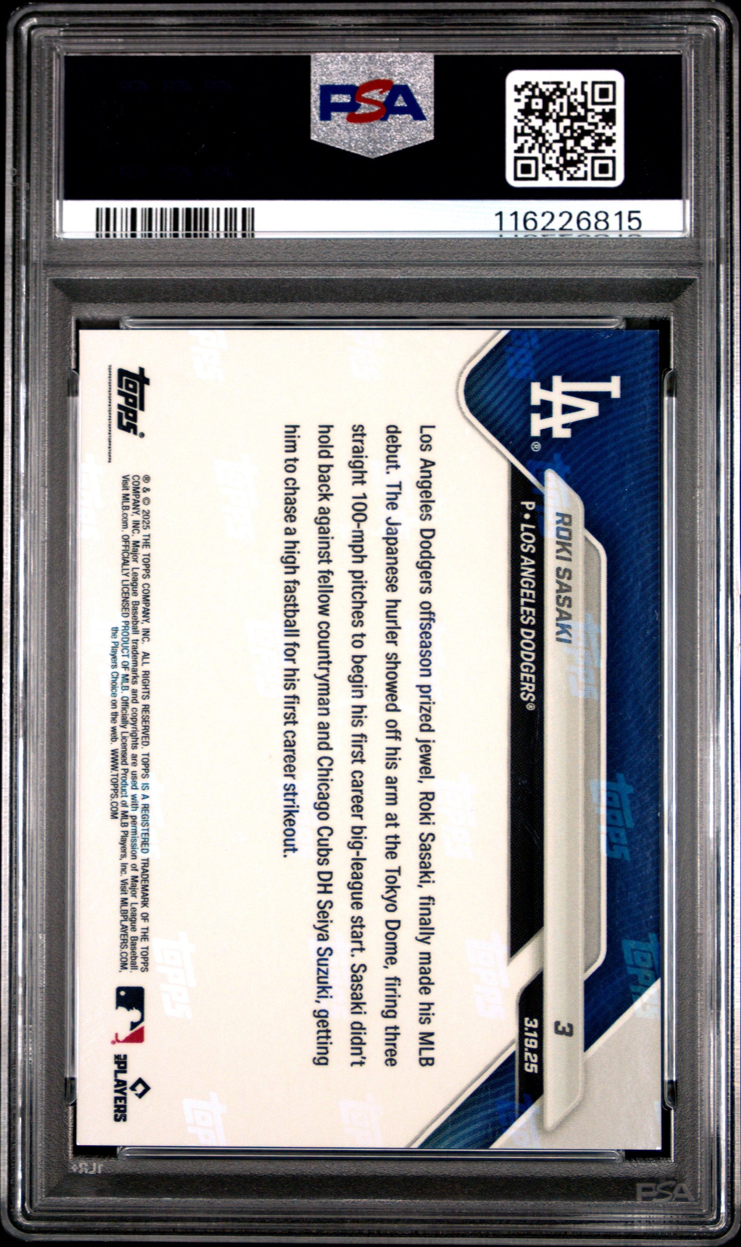 Graded 2025 Topps Now Roki Sasaki #3 Rookie RC Baseball Card PSA 9 Mint