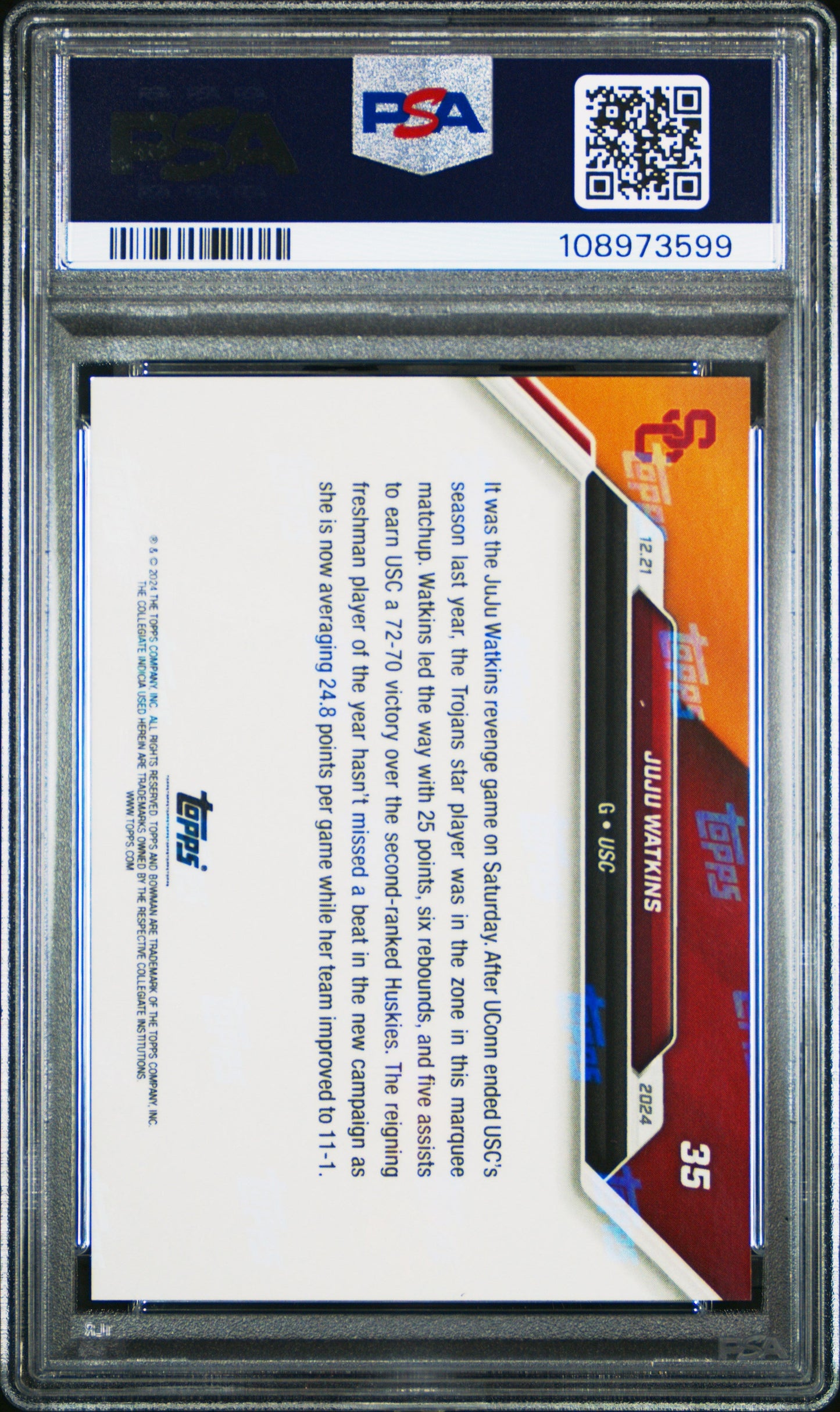 Graded 2024 Topps Bowman U Now JuJu Watkins #35 Rookie RC Basketball Card PSA 9 Mint