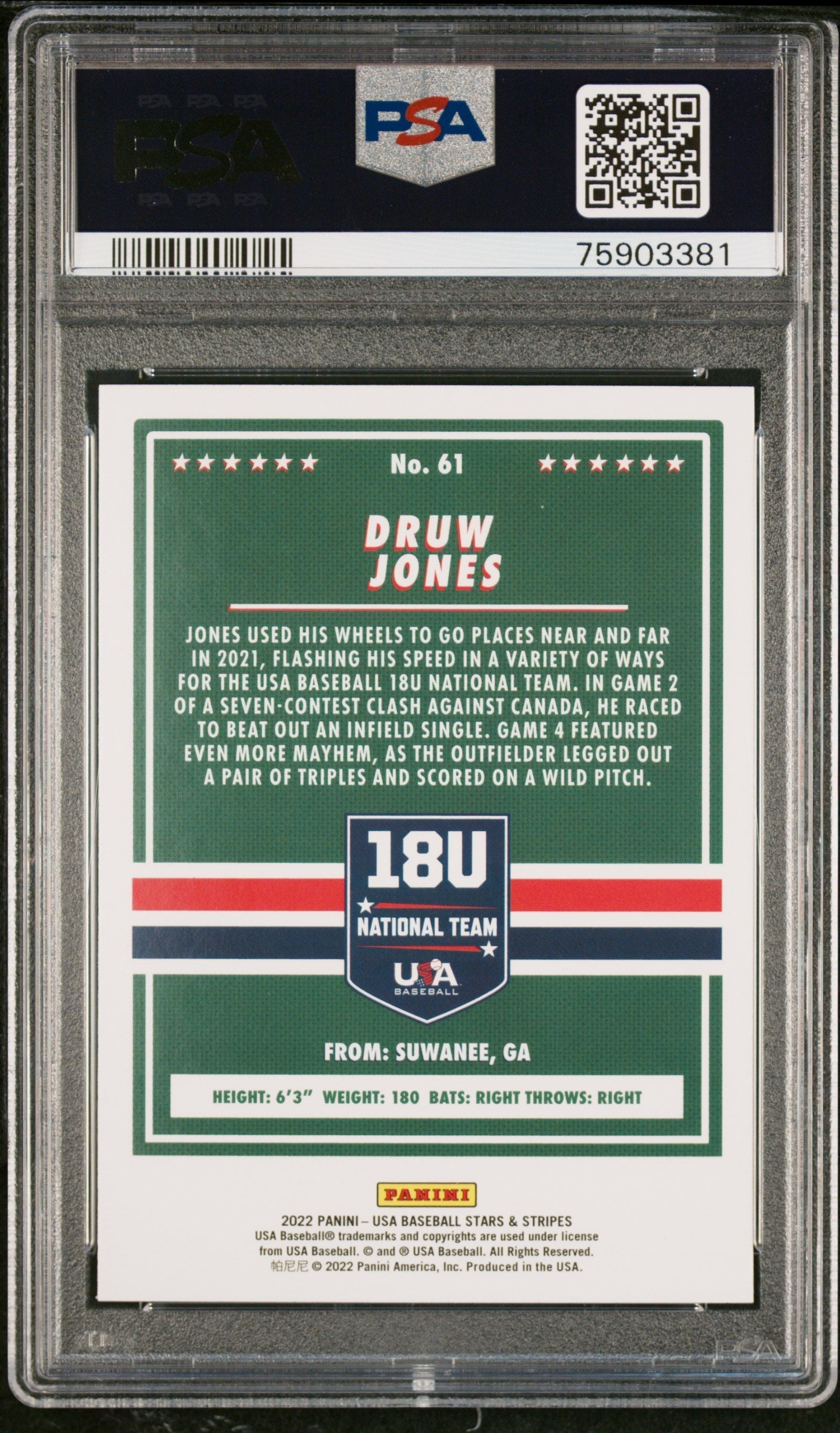 Graded 2021 Panini Stars & Stripes USA Druw Jones #61 Longevity Base Rookie RC Baseball Card PSA 10 Gem Mint