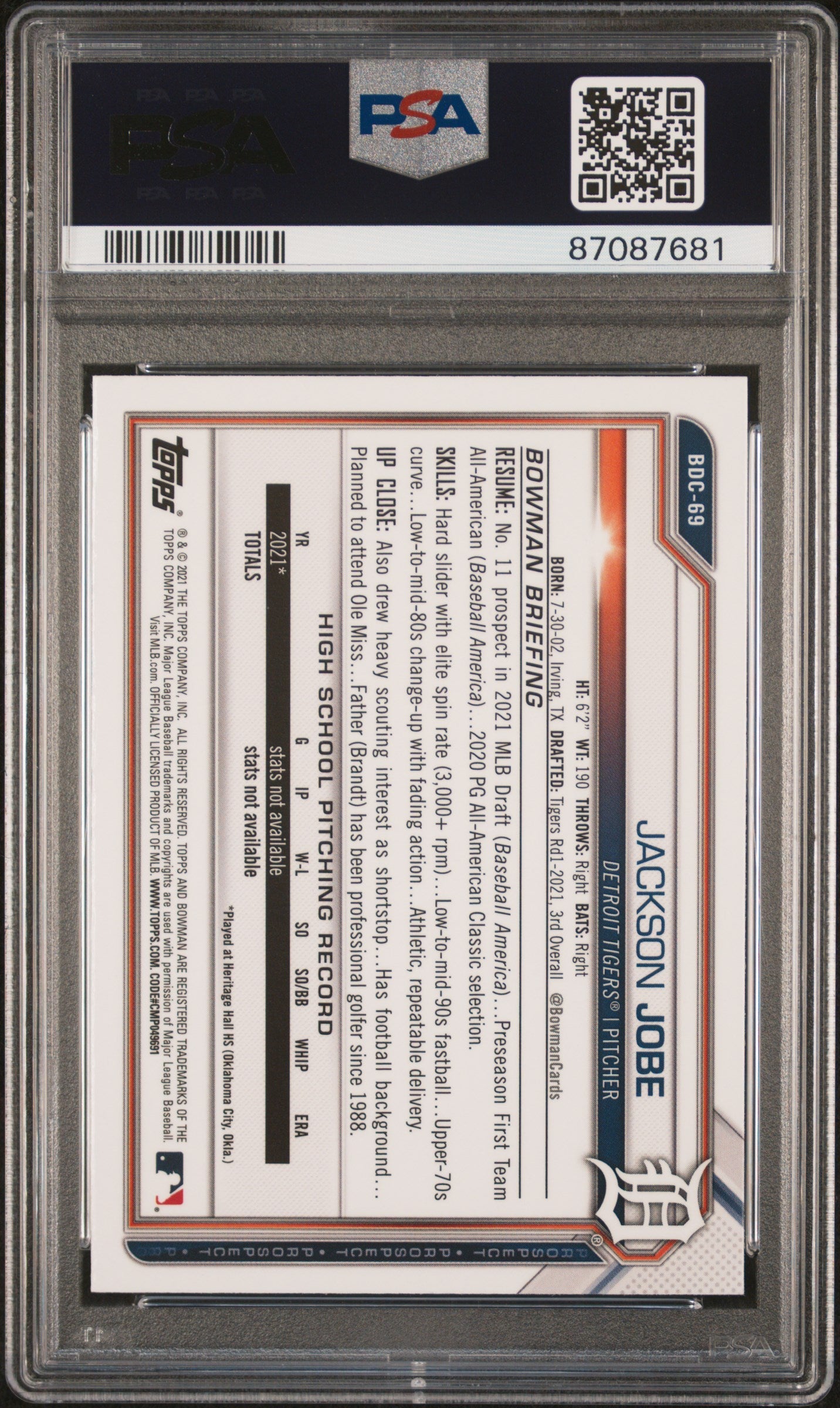 Graded 2021 Topps Bowman Draft Jackson Jobe #BDC69 Chrome Sapphire Edition Rookie RC Baseball Card PSA 10 Gem Mint