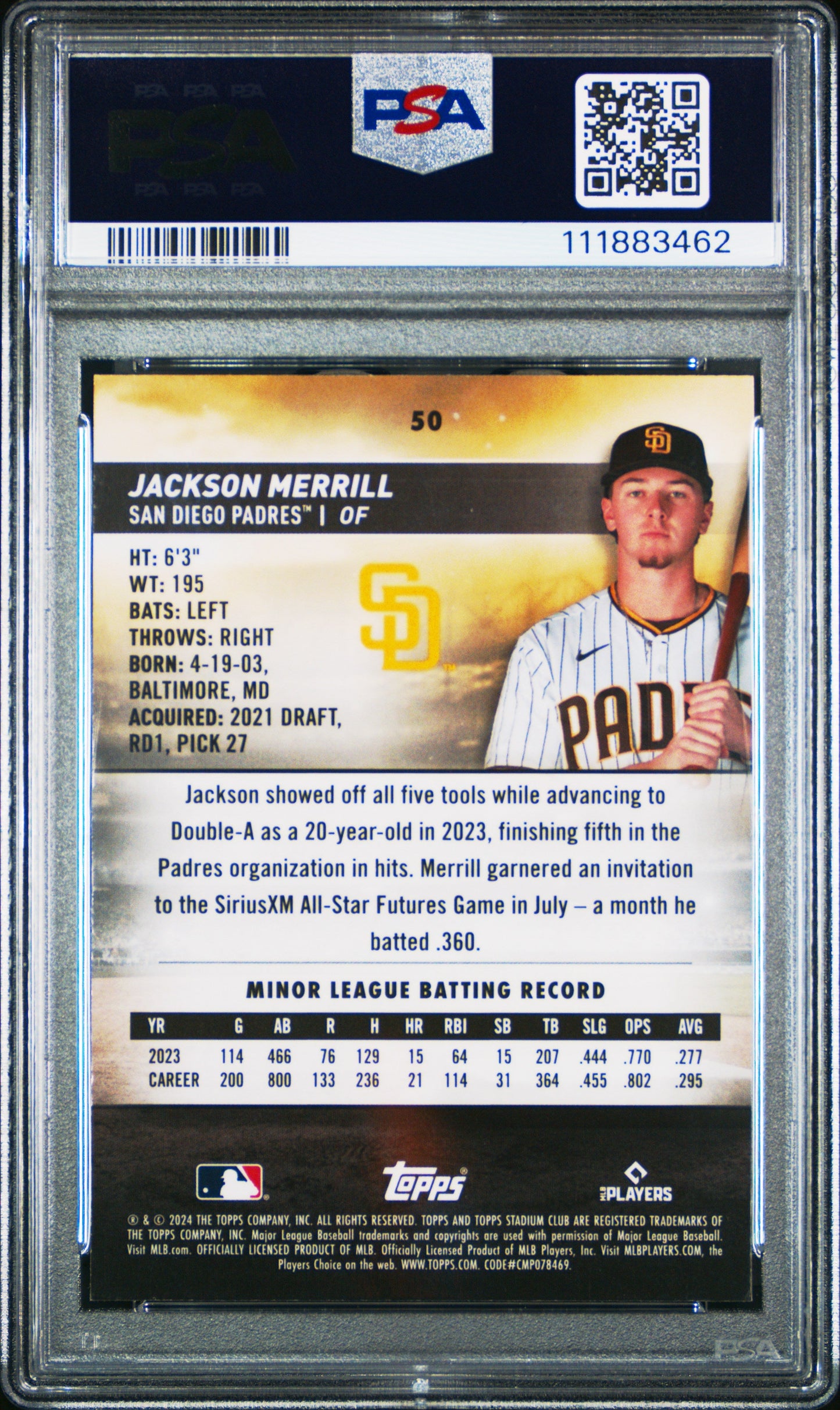 Graded 2024 Topps Stadium Club Jackson Merrill #50 Chrome Rookie RC Baseball Card PSA 10 Gem Mint