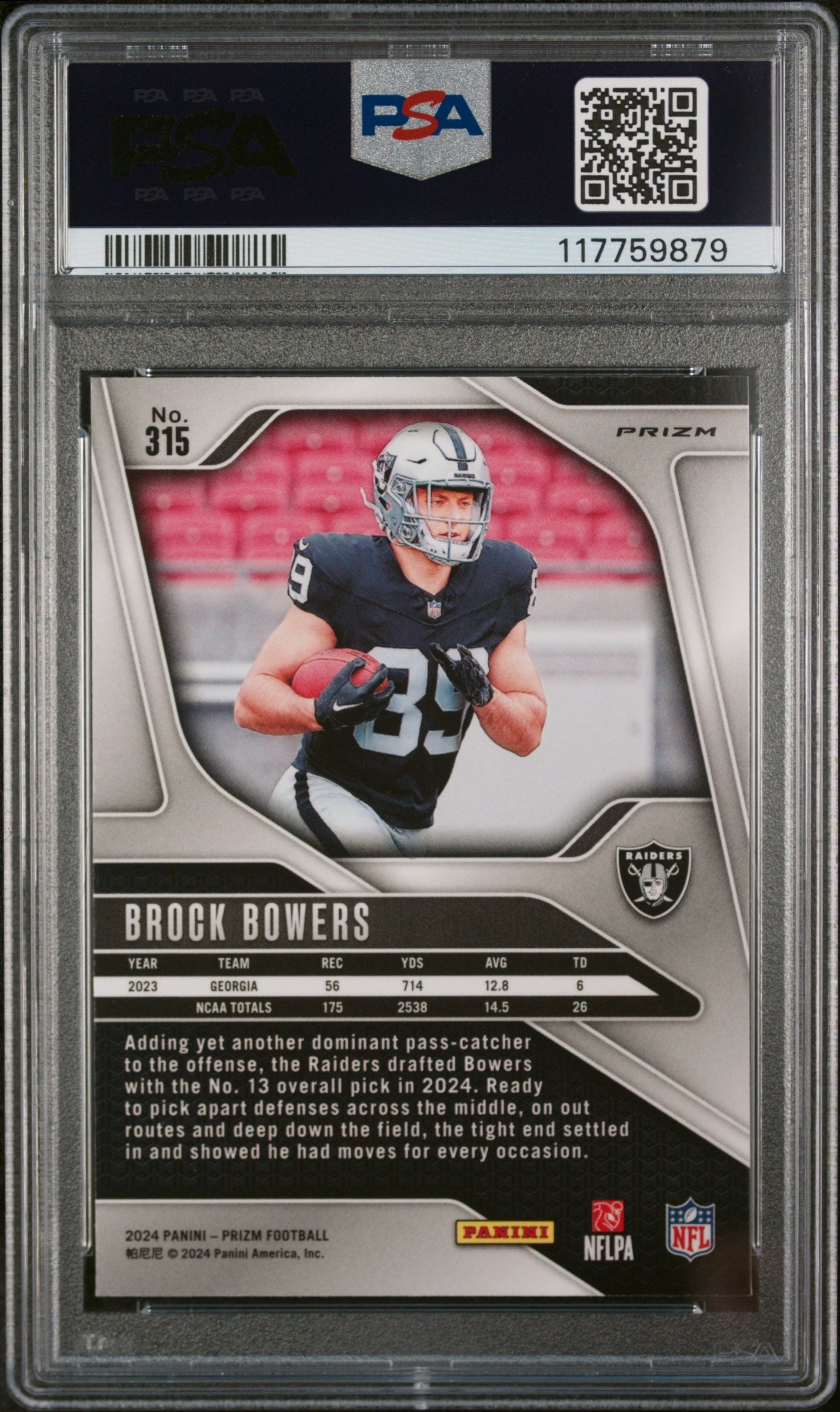 Graded 2024 Panini Prizm Brock Bowers #315 Green Wave Rookie RC Football Card PSA 10 Gem Mint