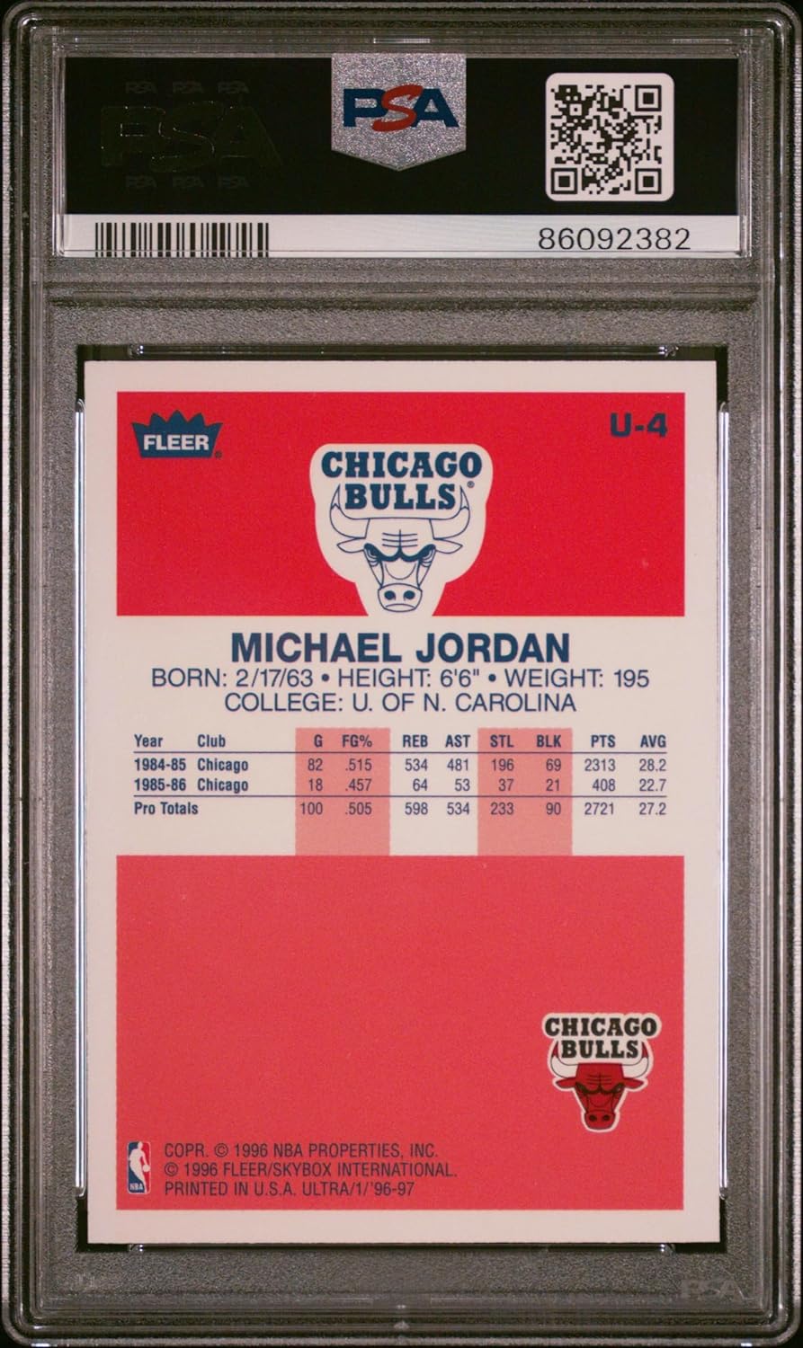Graded 1996 Fleer Ultra Michael Jordan #U4 Decade Of Excellence Rookie Reprint Basketball Card PSA 10 Gem Mint