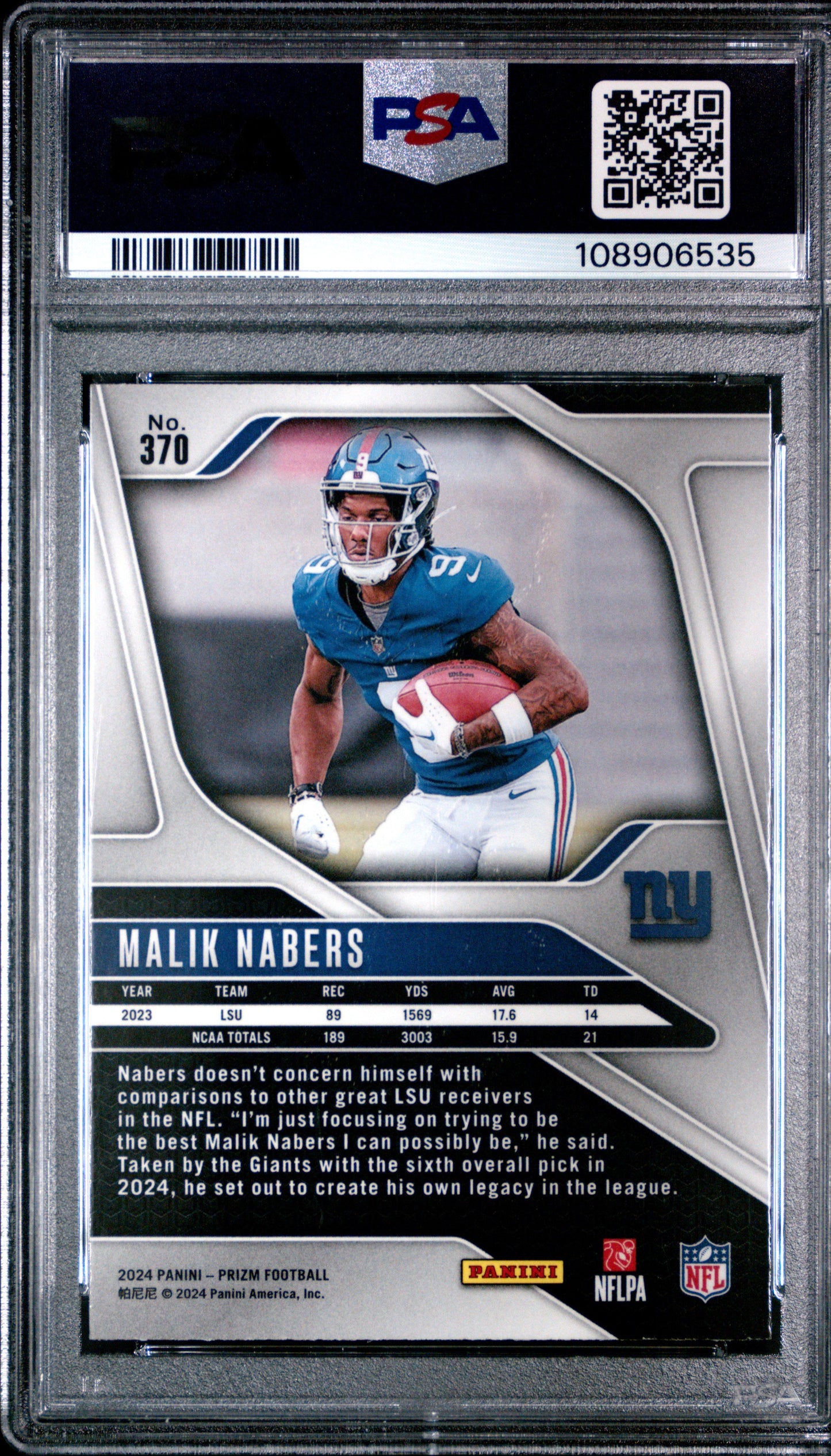 Graded 2024 Panini Prizm Malik Nabers #370 Rookie RC Football Card PSA 10 Gem Mint