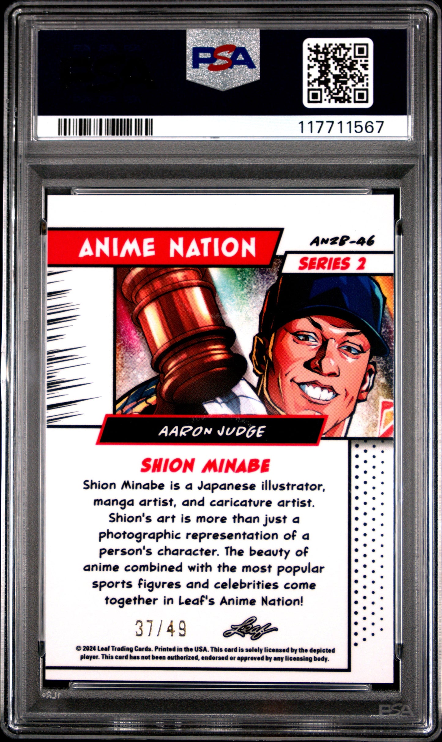 Graded 2024 Leaf Aaron Judge #AN2B46 Anime Nation Series 2 Purple /49 Baseball Card PSA 8 Near Mint