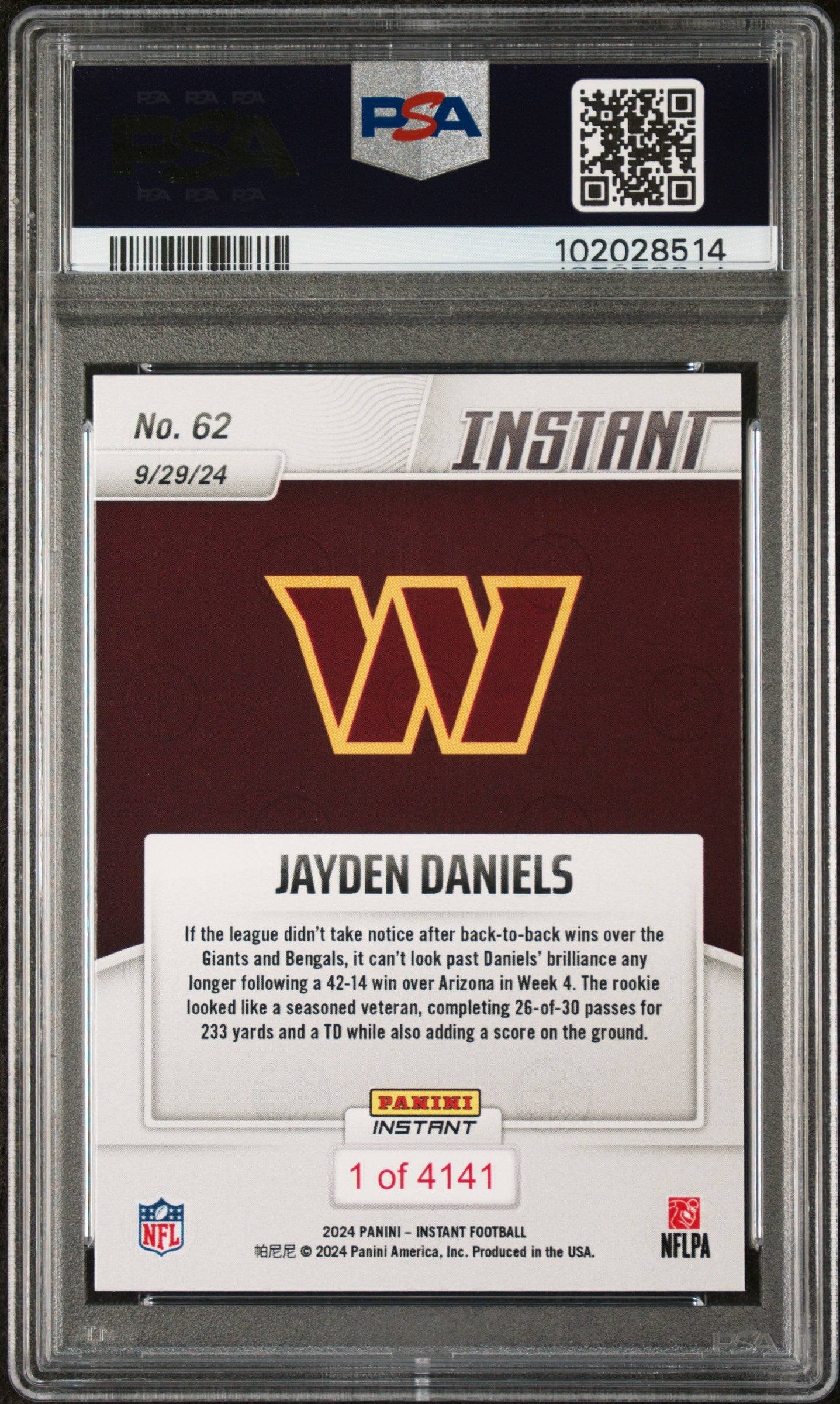 Graded 2024 Panini Instant NFL Jayden Daniels #62 Rookie RC Football Card PSA 10 Gem Mint