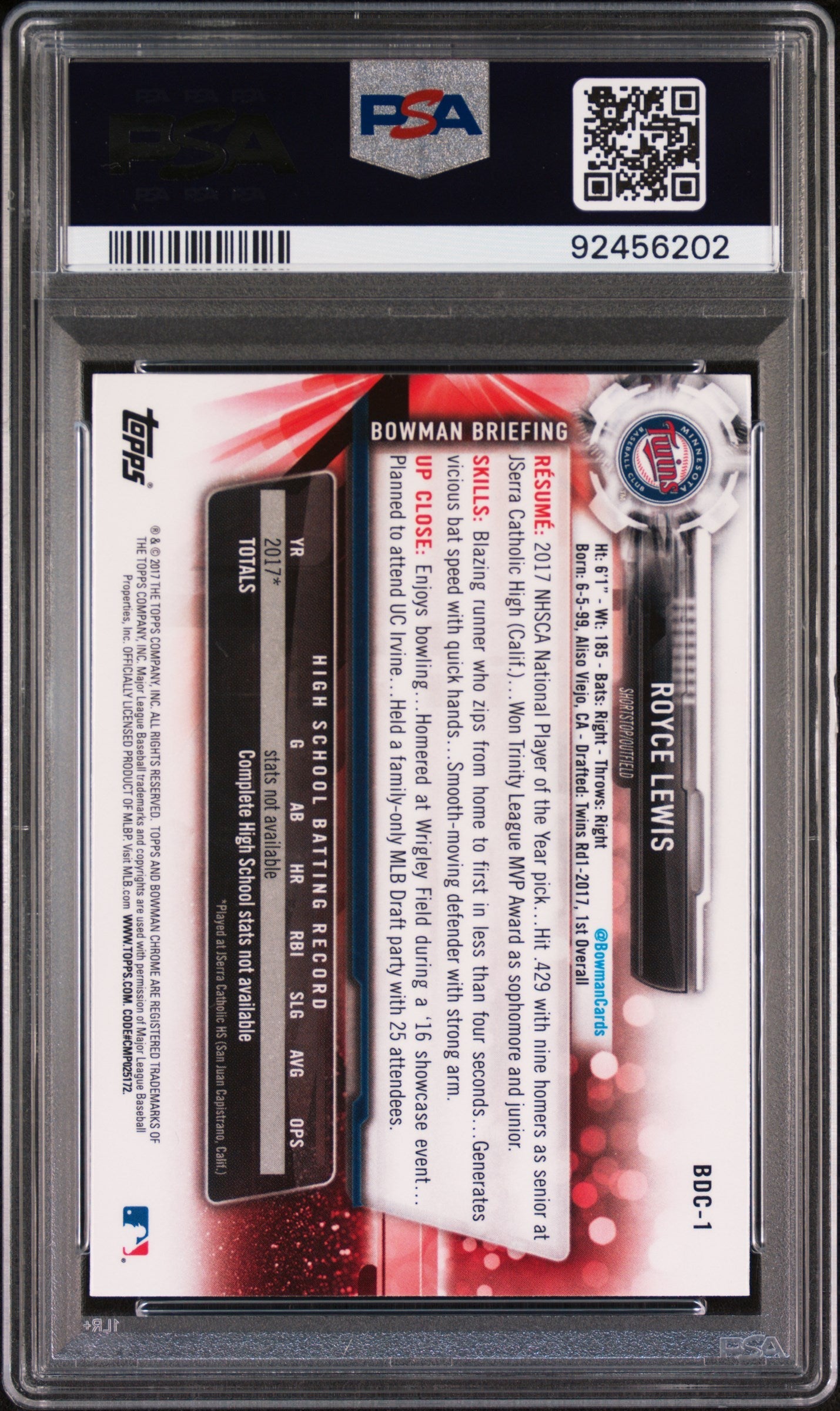 Graded 2017 Topps Bowman Draft Royce Lewis #BDC1 Chrome Batting Rookie RC Baseball Card PSA 10 Gem Mint