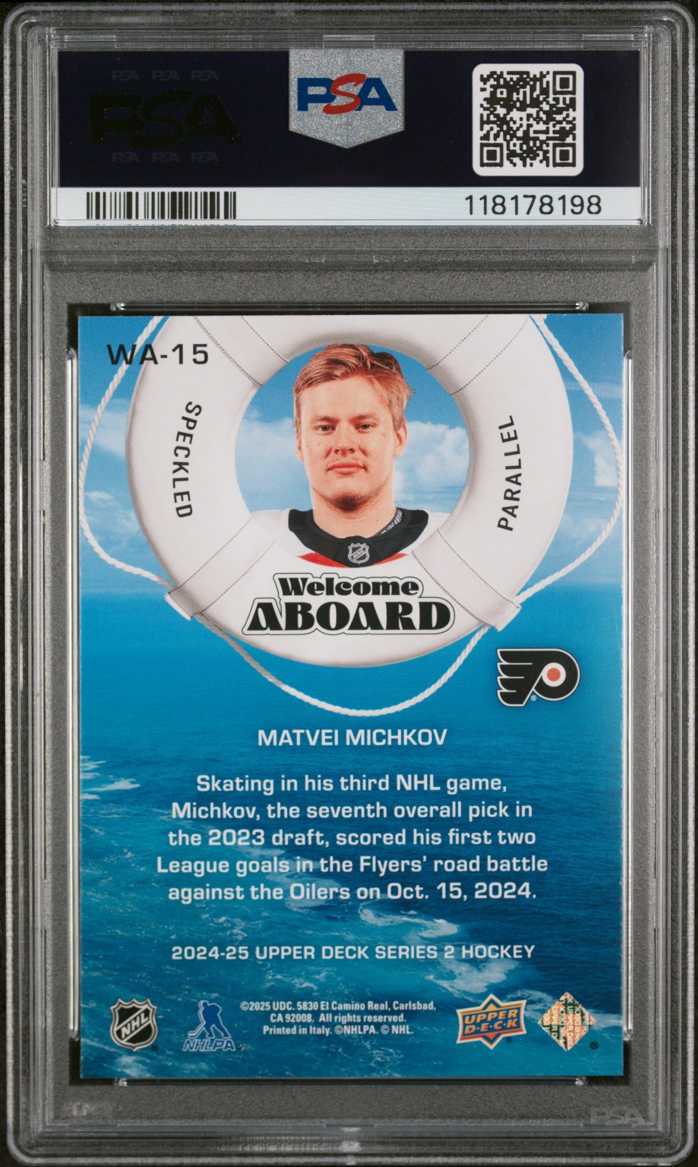 Graded 2024 Upper Deck Matvei Michkov #WA15 Welcome Aboard Speckle Rookie RC Hockey Card PSA 10 Gem Mint