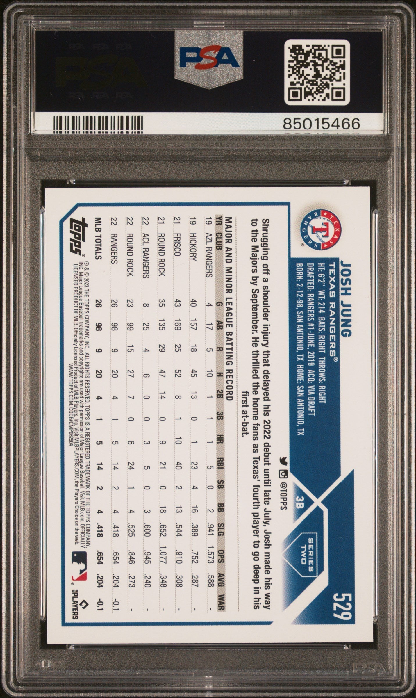 Graded 2023 Topps Josh Jung #529 Rookie RC Baseball Card PSA 10 Gem Mint