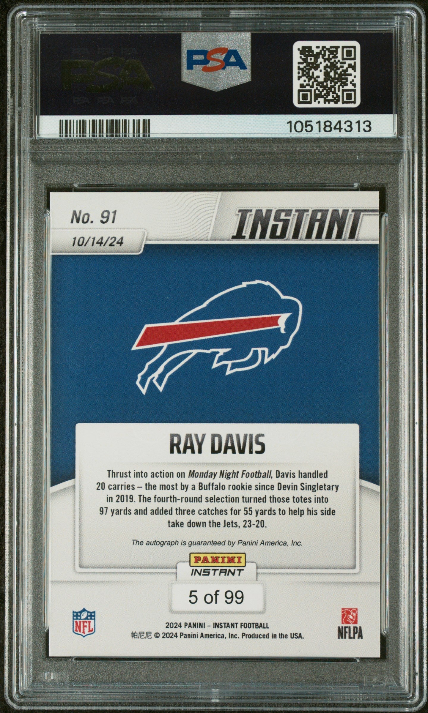 Graded 2024 Panini Instant NFL Ray Davis #91 Autograph /99 Rookie RC Football Card PSA 10 Auto Grade Gem Mint - Sport Cards