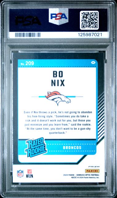 Graded 2024 Panini Donruss Optic Bo Nix #209 Blue Glitter Rookie RC Football Card PSA 10 Gem Mint