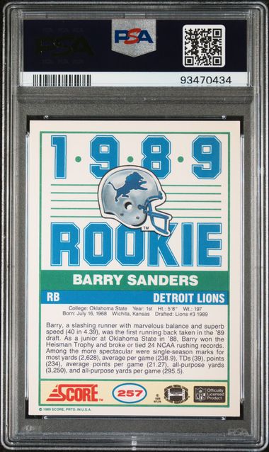 Graded 1989 Score Barry Sanders #257 Rookie RC Football Card PSA 8 NM-MT